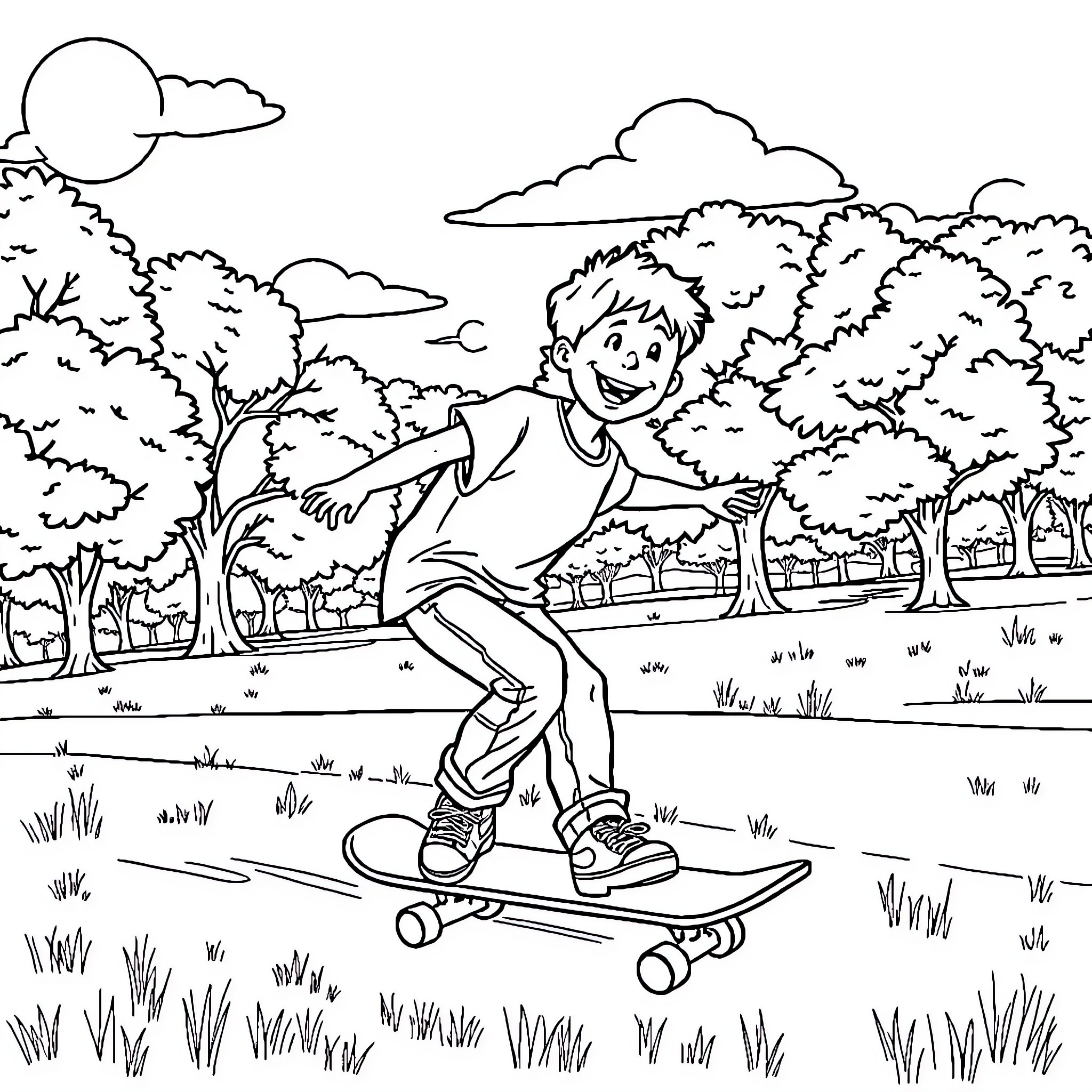 Boy happily riding skateboard in outdoor park Coloring Page (free black-and-white line drawing printable PDF for all, from beginners to advanced learners, including children, teens, adults, and seniors)