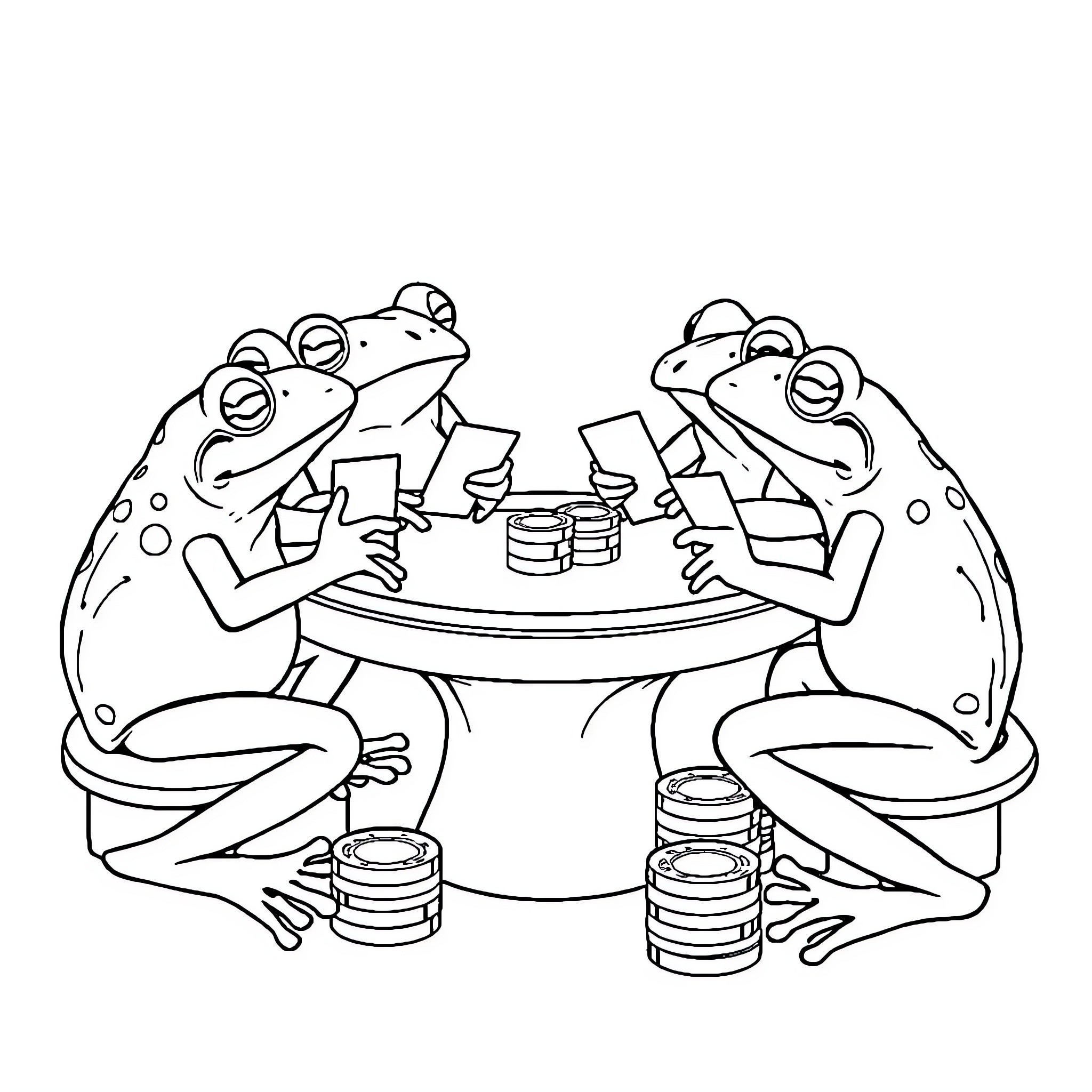 Frog friends playing board game together Coloring Page (free black-and-white line drawing printable PDF for all, from beginners to advanced learners, including children, teens, adults, and seniors)