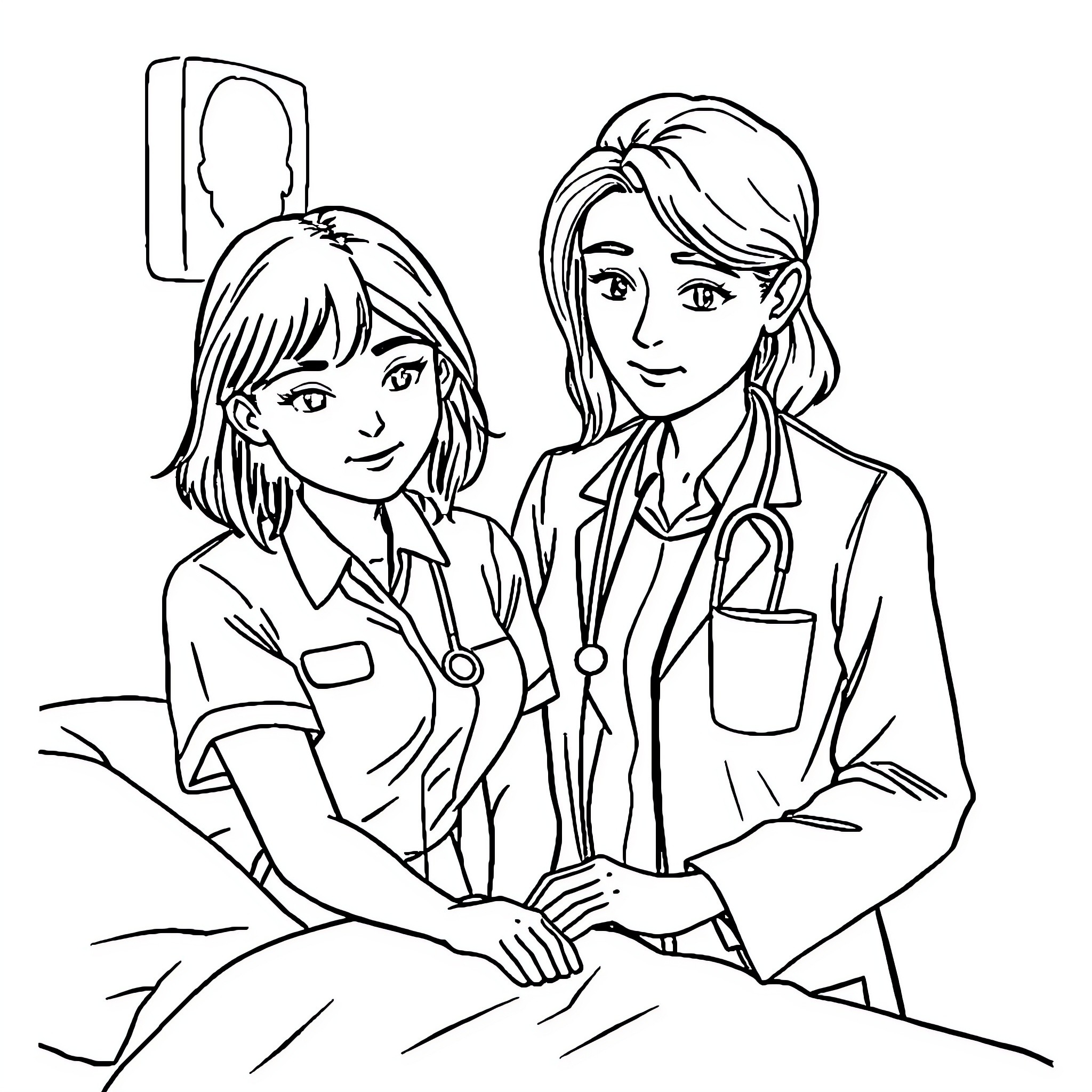 Doctor Colleagues Consulting Patients Coloring Page (free black-and-white line drawing printable PDF for all, from beginners to advanced learners, including children, teens, adults, and seniors)