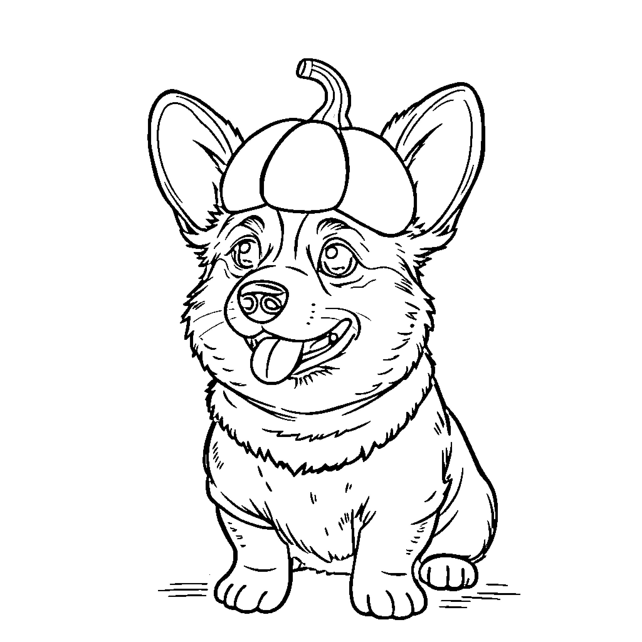 Corgi wearing a pumpkin hat Coloring Page (free black-and-white line drawing printable PDF for all, from beginners to advanced learners, including children, teens, adults, and seniors)