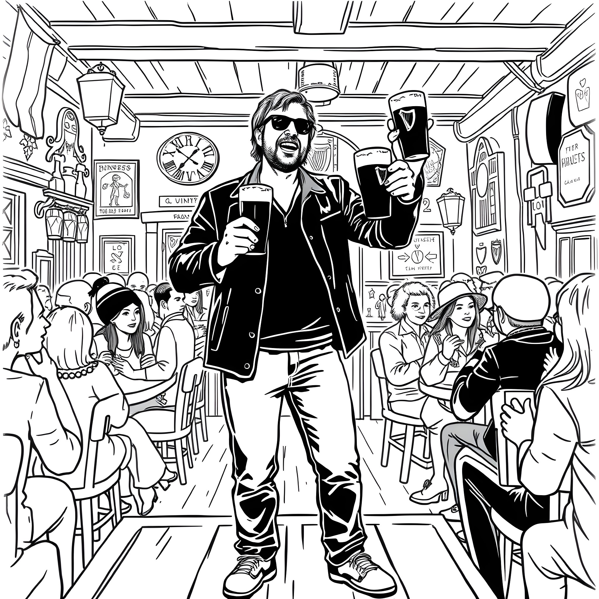 Liam Gallagher's Lively Performance in a Retro-Style Cafe Coloring Page (free black-and-white line drawing printable PDF for all, from beginners to advanced learners, including children, teens, adults, and seniors)