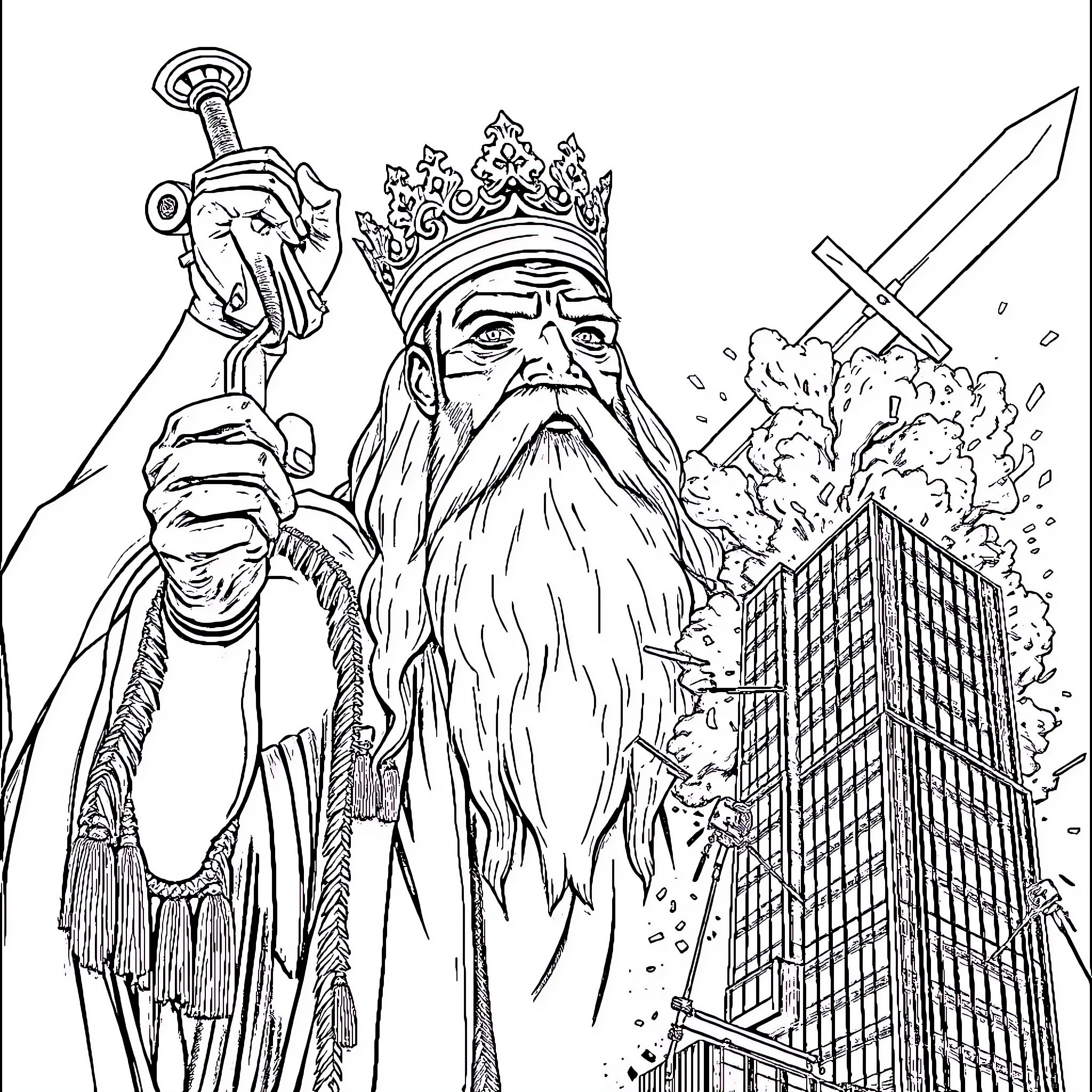King Wielding Sword and Scepter in Destruction Coloring Page (free black-and-white line drawing printable PDF for all, from beginners to advanced learners, including children, teens, adults, and seniors)