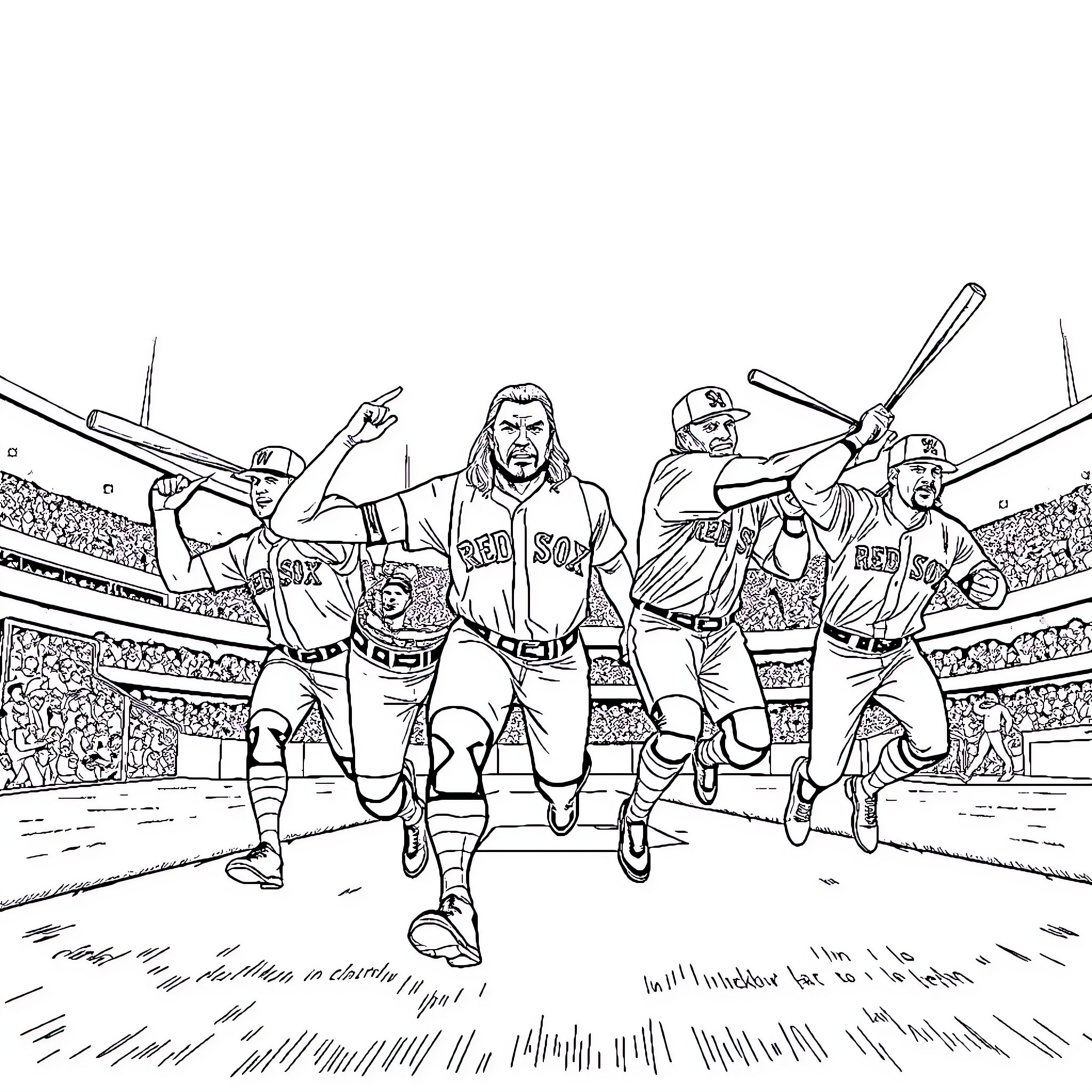 Wrestler Players Competing on Baseball Field Coloring Page (free black-and-white line drawing printable PDF for all, from beginners to advanced learners, including children, teens, adults, and seniors)