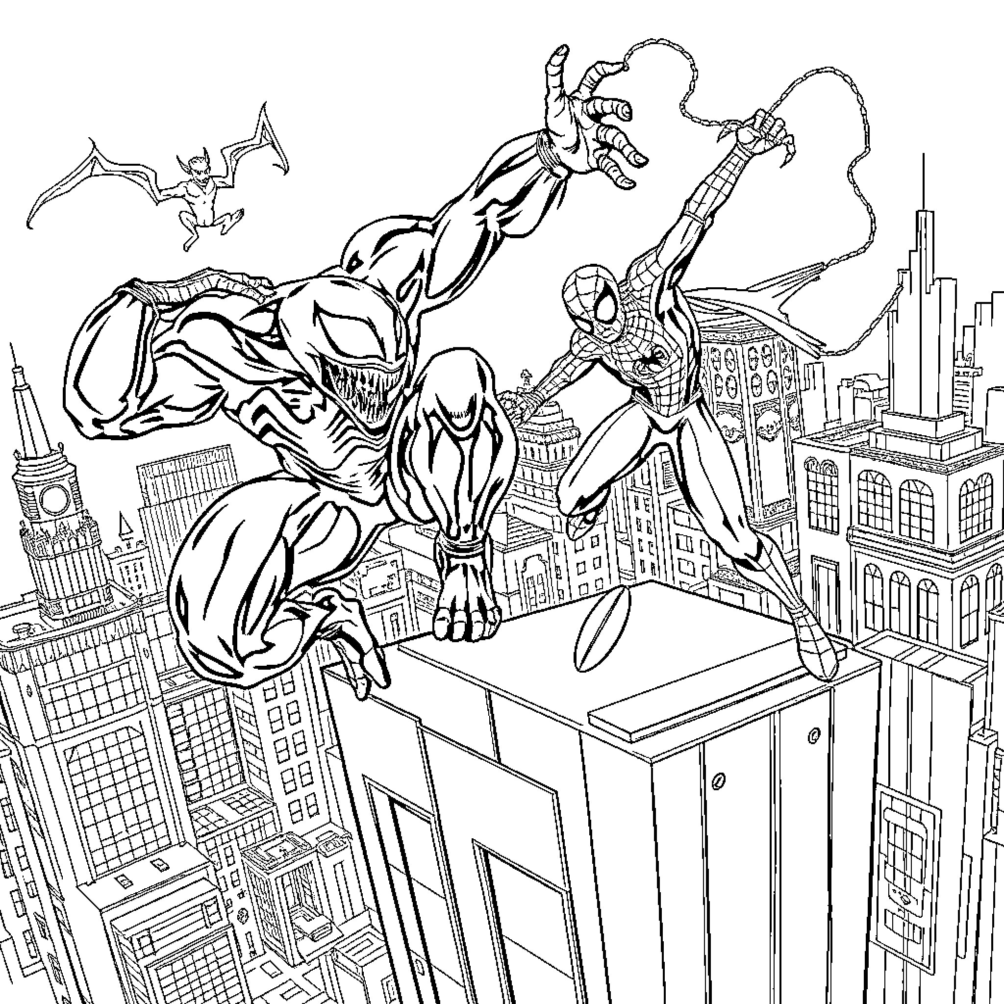 Venom and Spider-Man battle atop skyscrapers Coloring Page (free black-and-white line drawing printable PDF for all, from beginners to advanced learners, including children, teens, adults, and seniors)