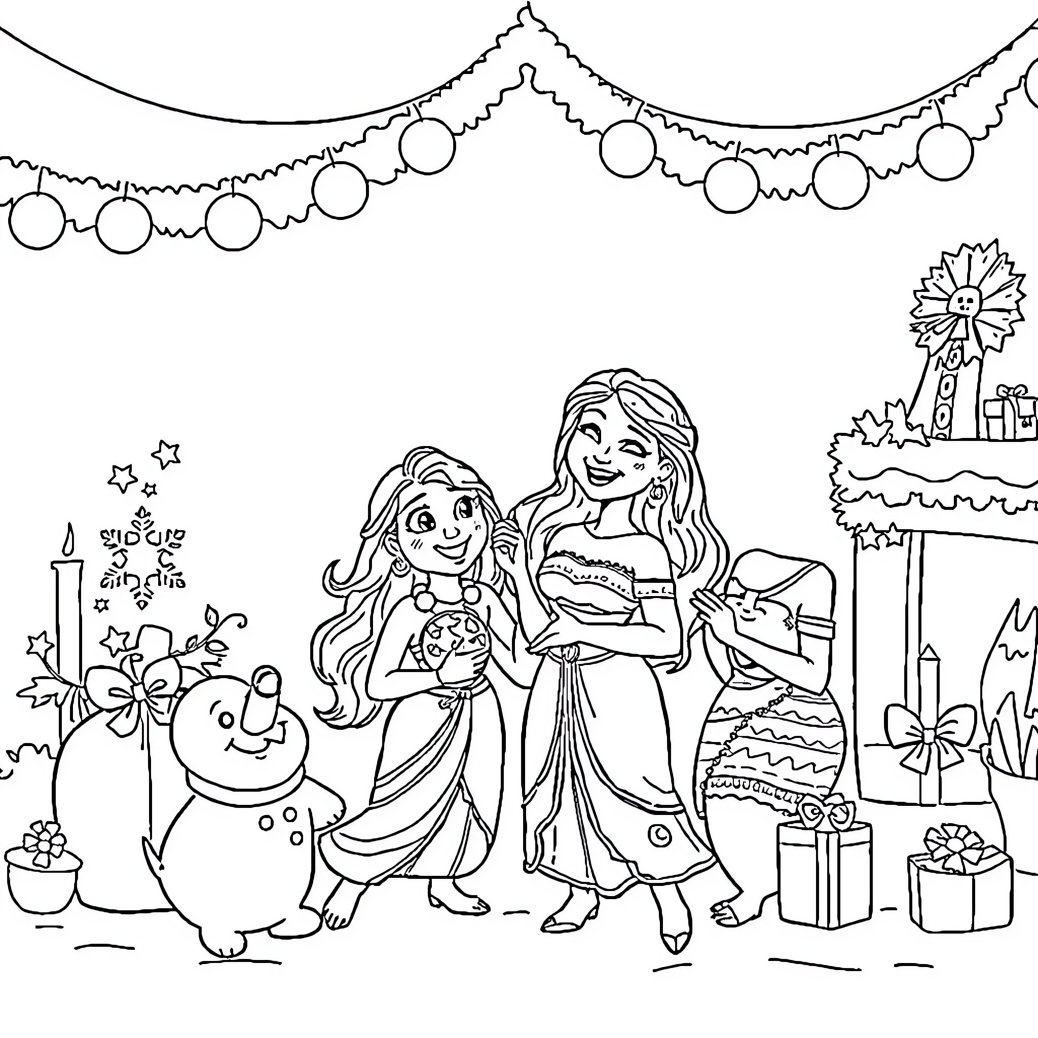 Vaiana's Festive Celebration with Companions Coloring Page (free black-and-white line drawing printable PDF for all, from beginners to advanced learners, including children, teens, adults, and seniors)