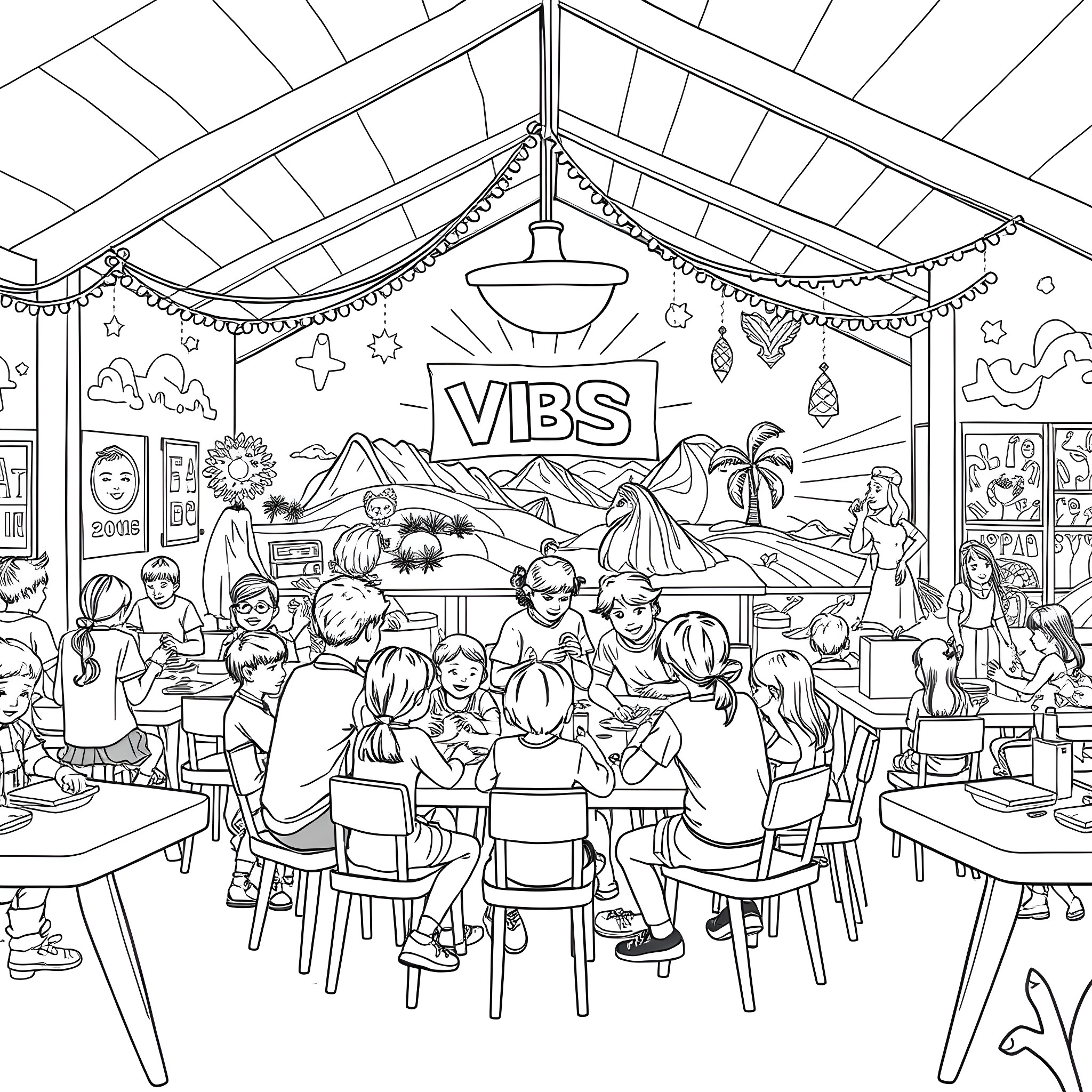 Student gathering for a vibrant party in a decorated space Coloring Page (free black-and-white line drawing printable PDF for all, from beginners to advanced learners, including children, teens, adults, and seniors)