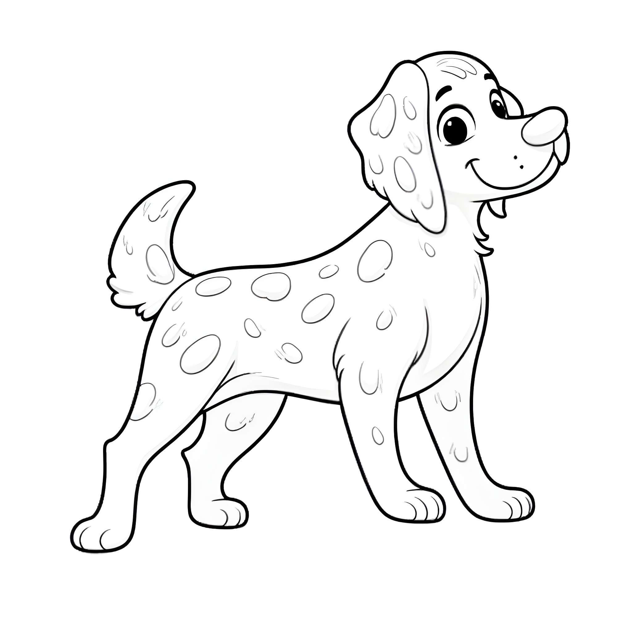 Dog with spotted fur playing happily Coloring Page (free black-and-white line drawing printable PDF for all, from beginners to advanced learners, including children, teens, adults, and seniors)