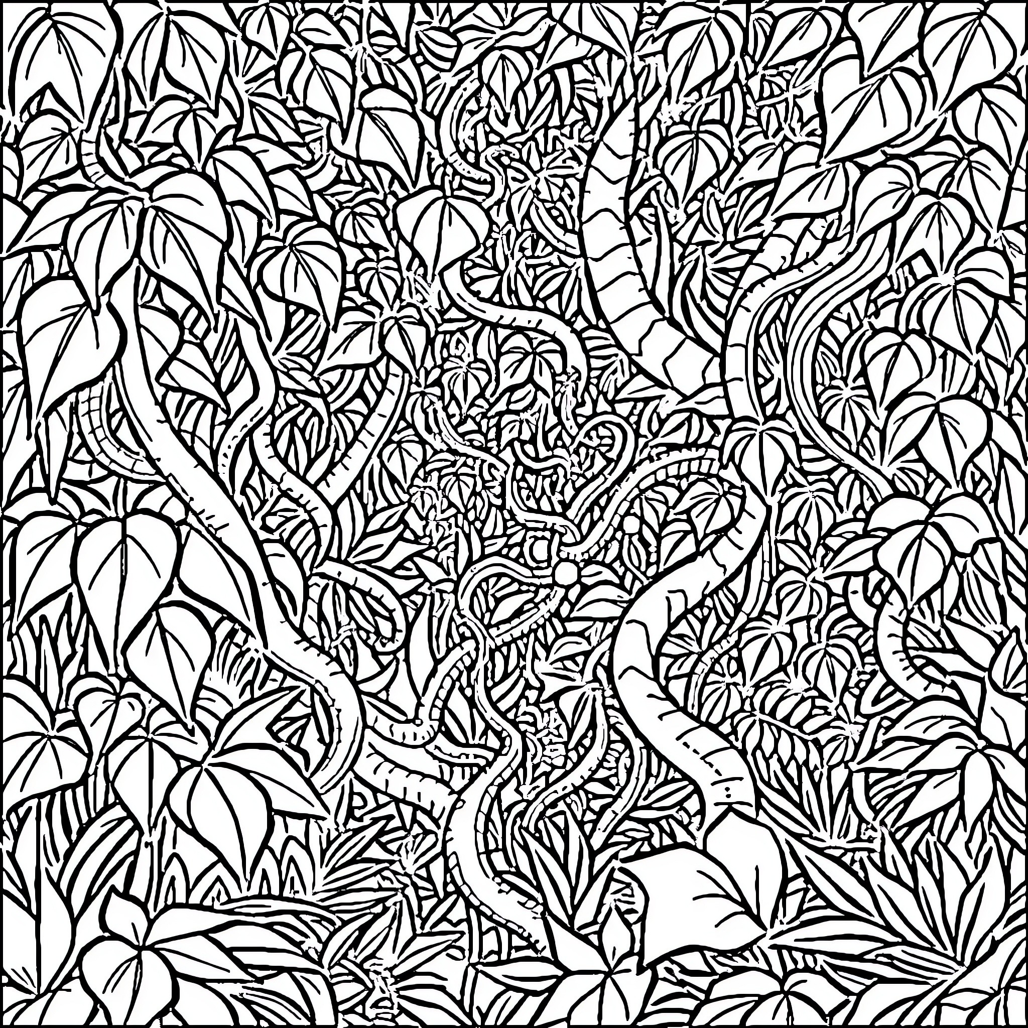 Jungle of Intricate Plant Patterns Coloring Page (free black-and-white line drawing printable PDF for all, from beginners to advanced learners, including children, teens, adults, and seniors)