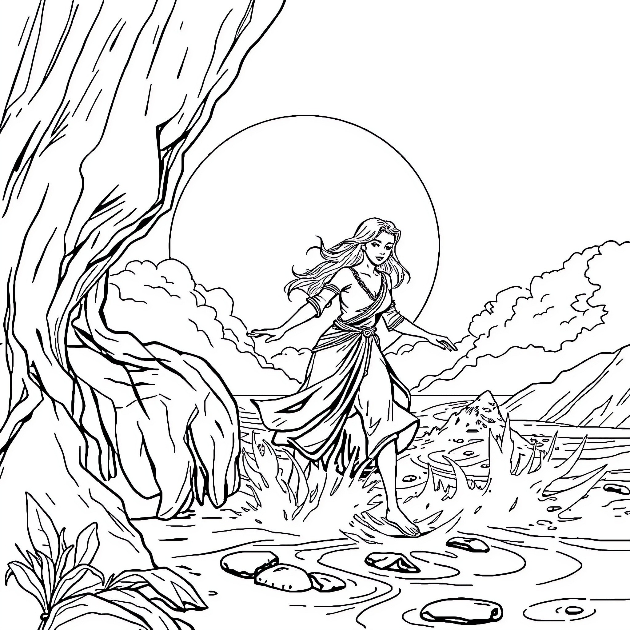 Woman dancing gracefully in mystical forest landscape Coloring Page (free black-and-white line drawing printable PDF for all, from beginners to advanced learners, including children, teens, adults, and seniors)