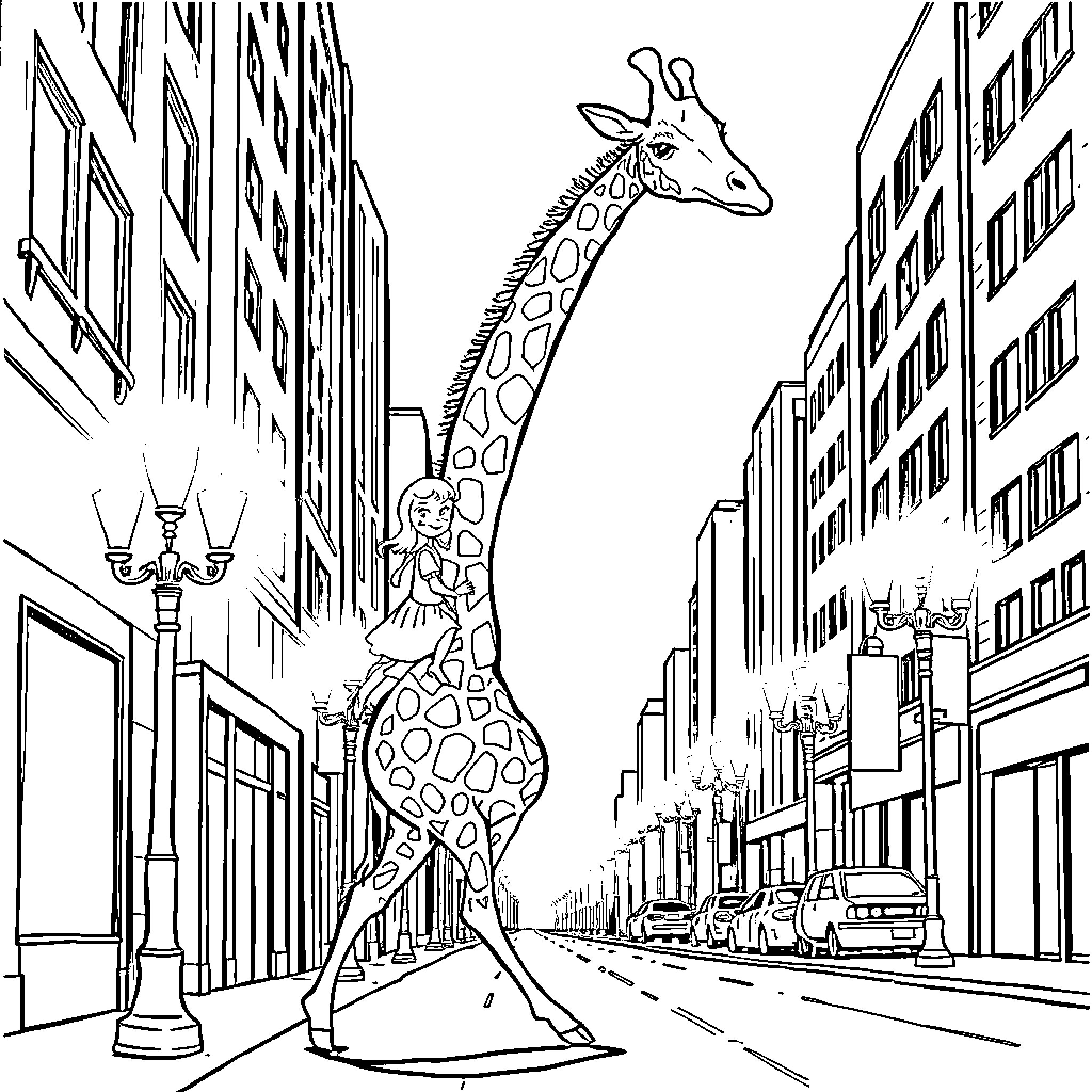 Giraffe strolling through the city streets Coloring Page (free black-and-white line drawing printable PDF for all, from beginners to advanced learners, including children, teens, adults, and seniors)