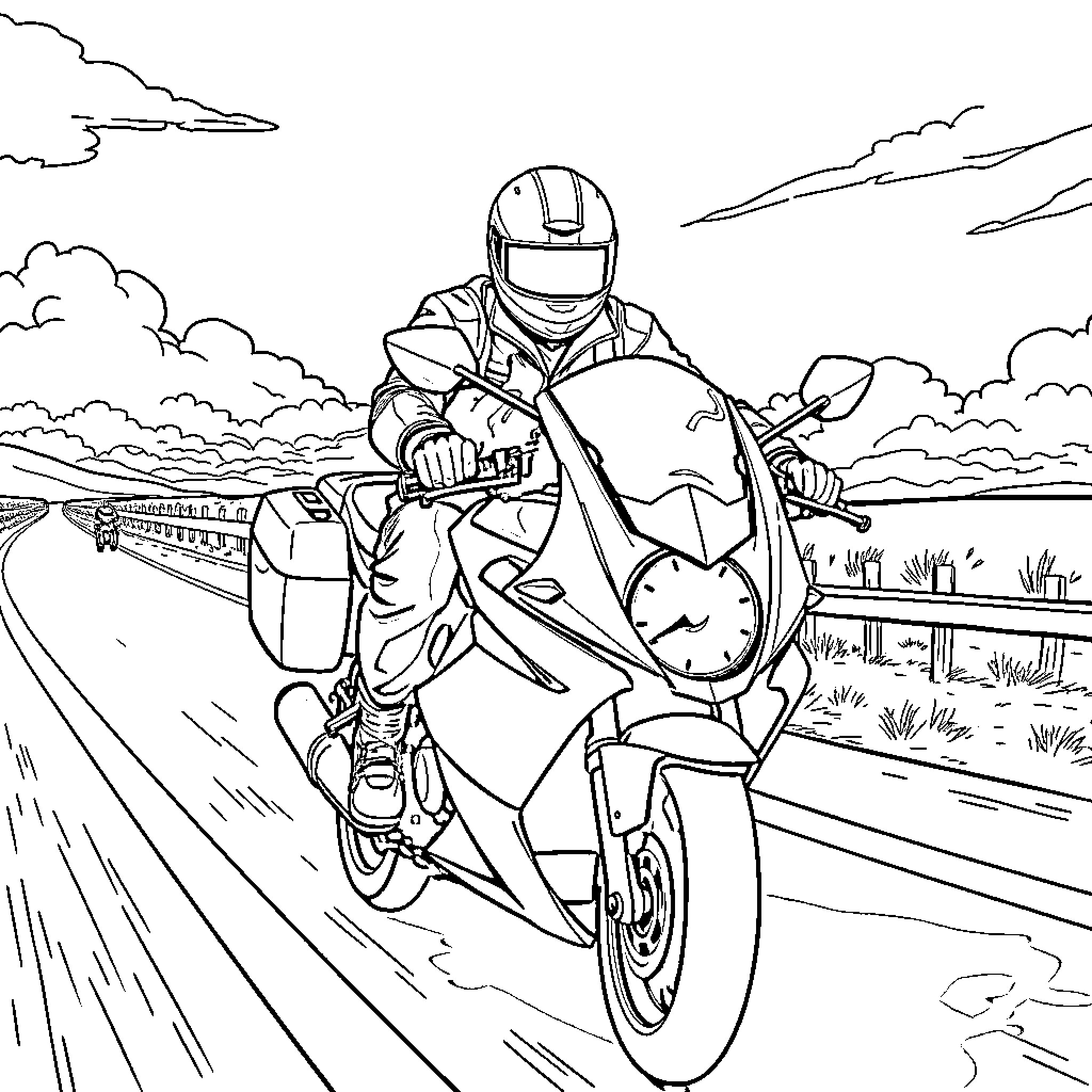 Marcus riding a motorcycle on a countryside road Coloring Page (free black-and-white line drawing printable PDF for all, from beginners to advanced learners, including children, teens, adults, and seniors)