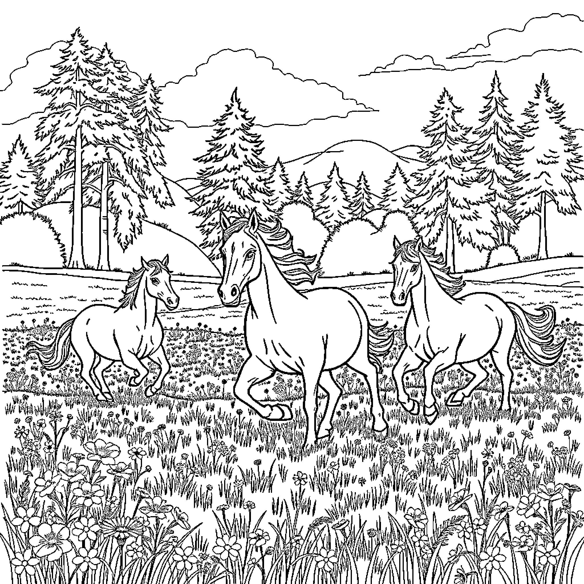 Horse grazing peacefully in a forest landscape Coloring Page (free black-and-white line drawing printable PDF for all, from beginners to advanced learners, including children, teens, adults, and seniors)