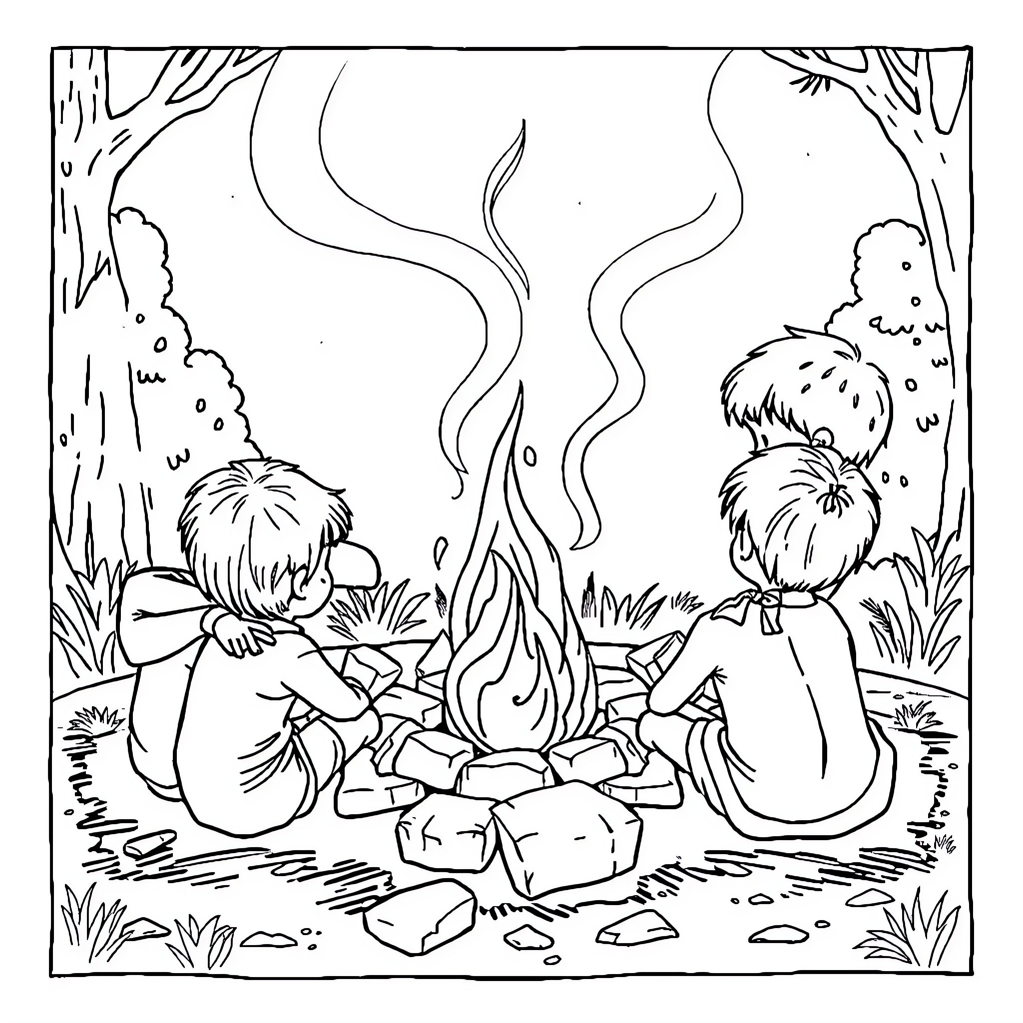 Child Roasting Marshmallows Around Campfire in Forest Coloring Page (free black-and-white line drawing printable PDF for all, from beginners to advanced learners, including children, teens, adults, and seniors)
