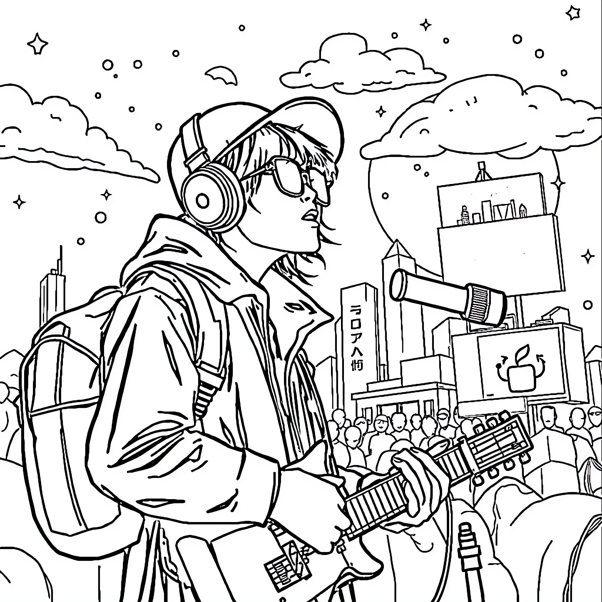 K-pop Hunter Capturing the Vibrant Music Scene Coloring Page (free black-and-white line drawing printable PDF for all, from beginners to advanced learners, including children, teens, adults, and seniors)