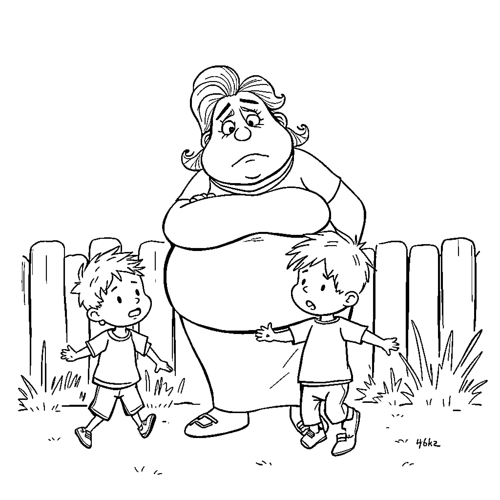 Lady comforting two distressed children outdoors Coloring Page (free black-and-white line drawing printable PDF for all, from beginners to advanced learners, including children, teens, adults, and seniors)