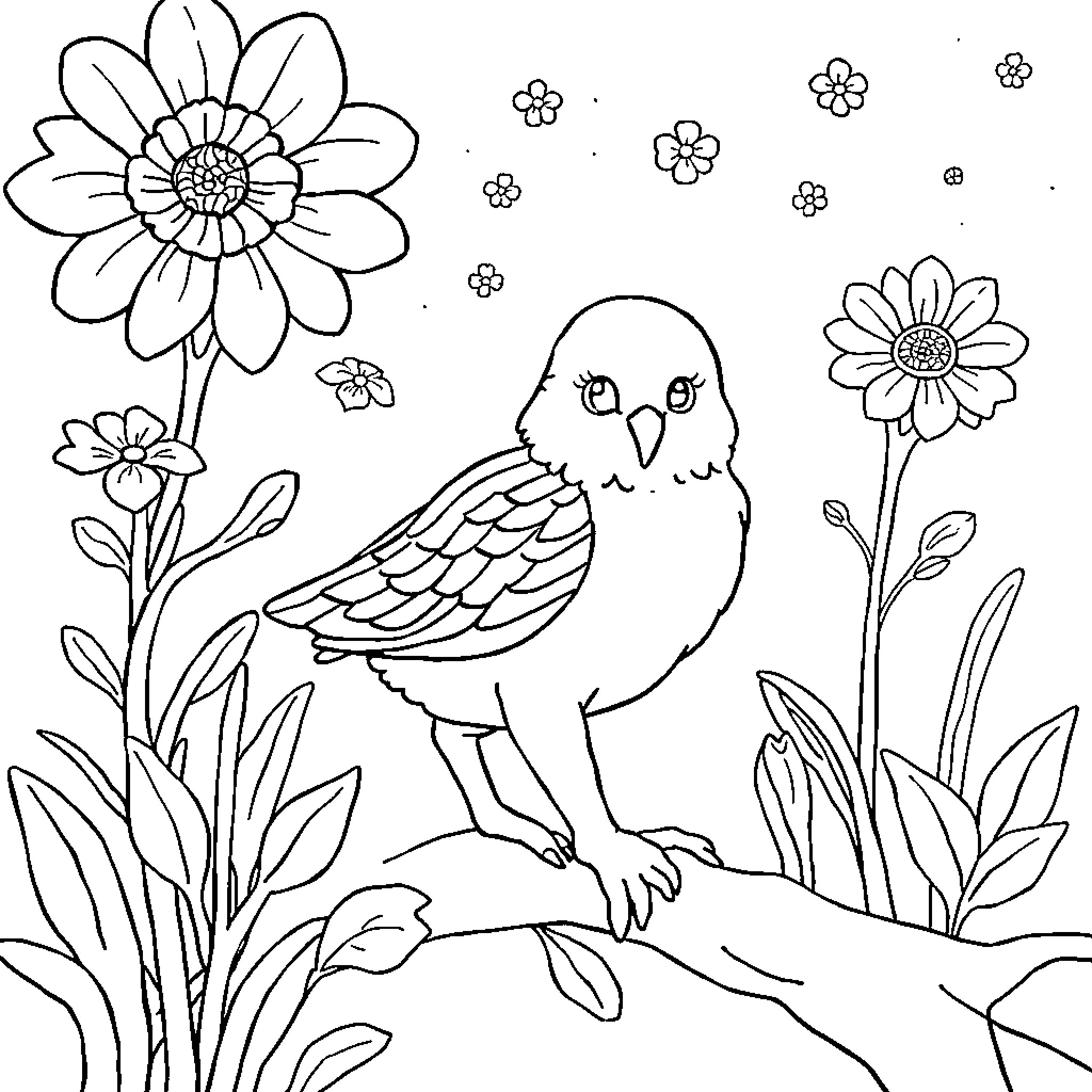 Mandala Bird Surrounded by Flowers Coloring Page (free black-and-white line drawing printable PDF for all, from beginners to advanced learners, including children, teens, adults, and seniors)
