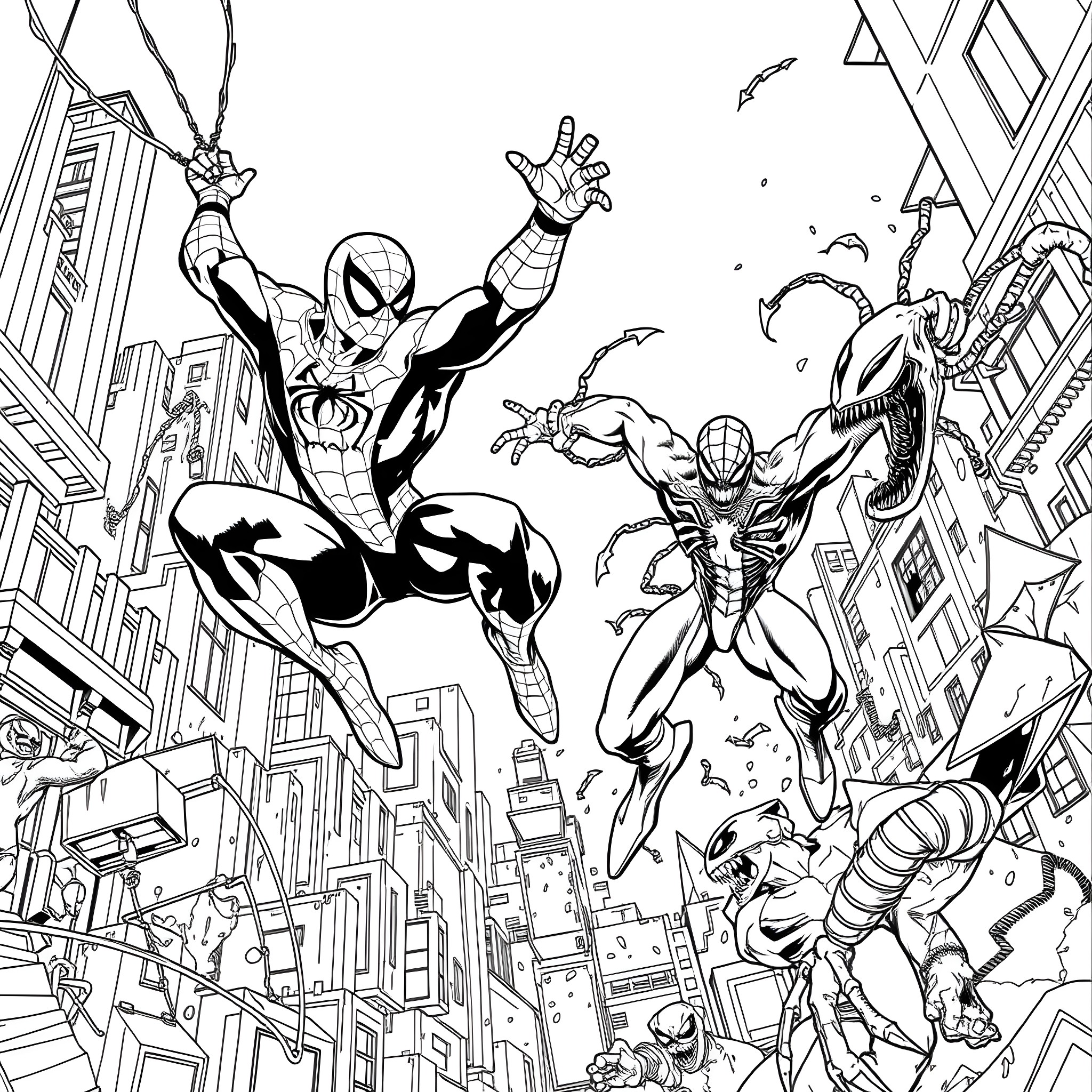 Spiderman Superheroes in Action-Packed City Showdown Coloring Page (free black-and-white line drawing printable PDF for all, from beginners to advanced learners, including children, teens, adults, and seniors)