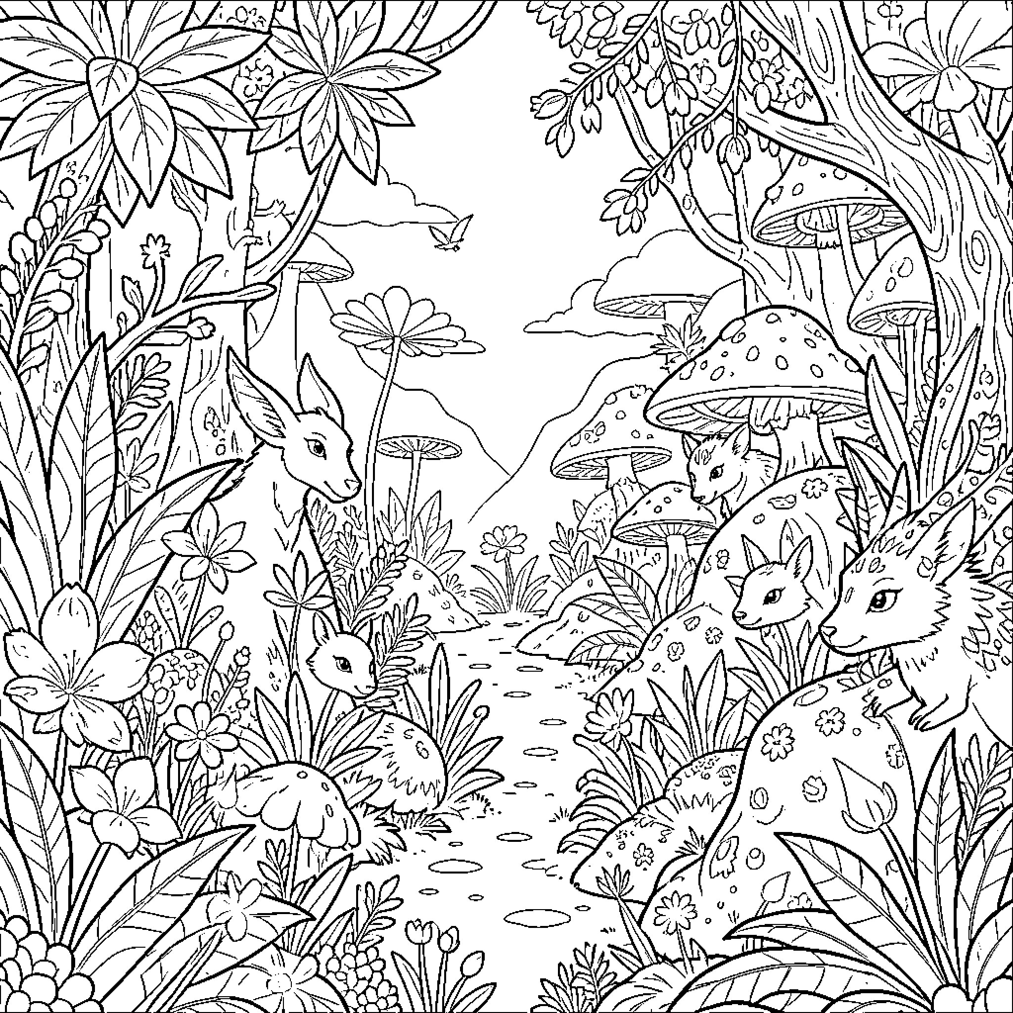 Avatar of a Whimsical Forest Scene Coloring Page (free black-and-white line drawing printable PDF for all, from beginners to advanced learners, including children, teens, adults, and seniors)