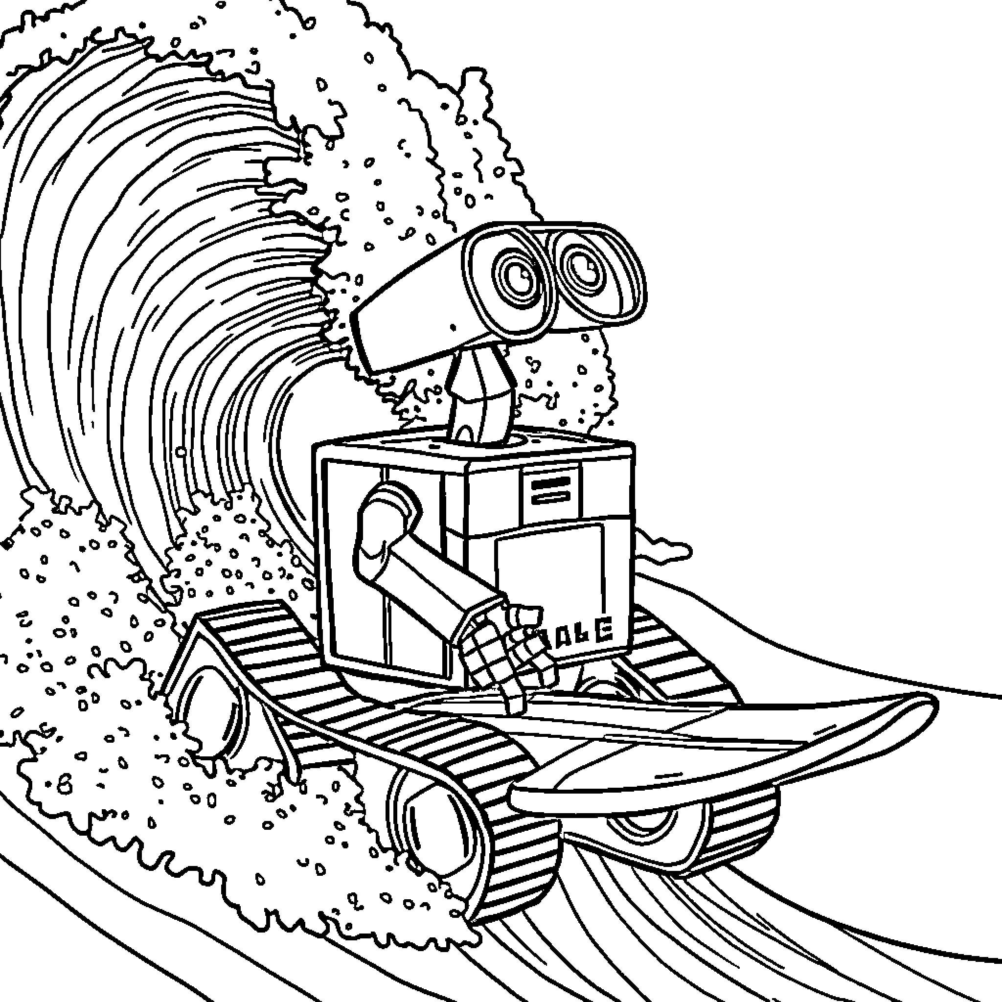 Wall-E exploring the world in his robot vehicle Coloring Page (free black-and-white line drawing printable PDF for all, from beginners to advanced learners, including children, teens, adults, and seniors)