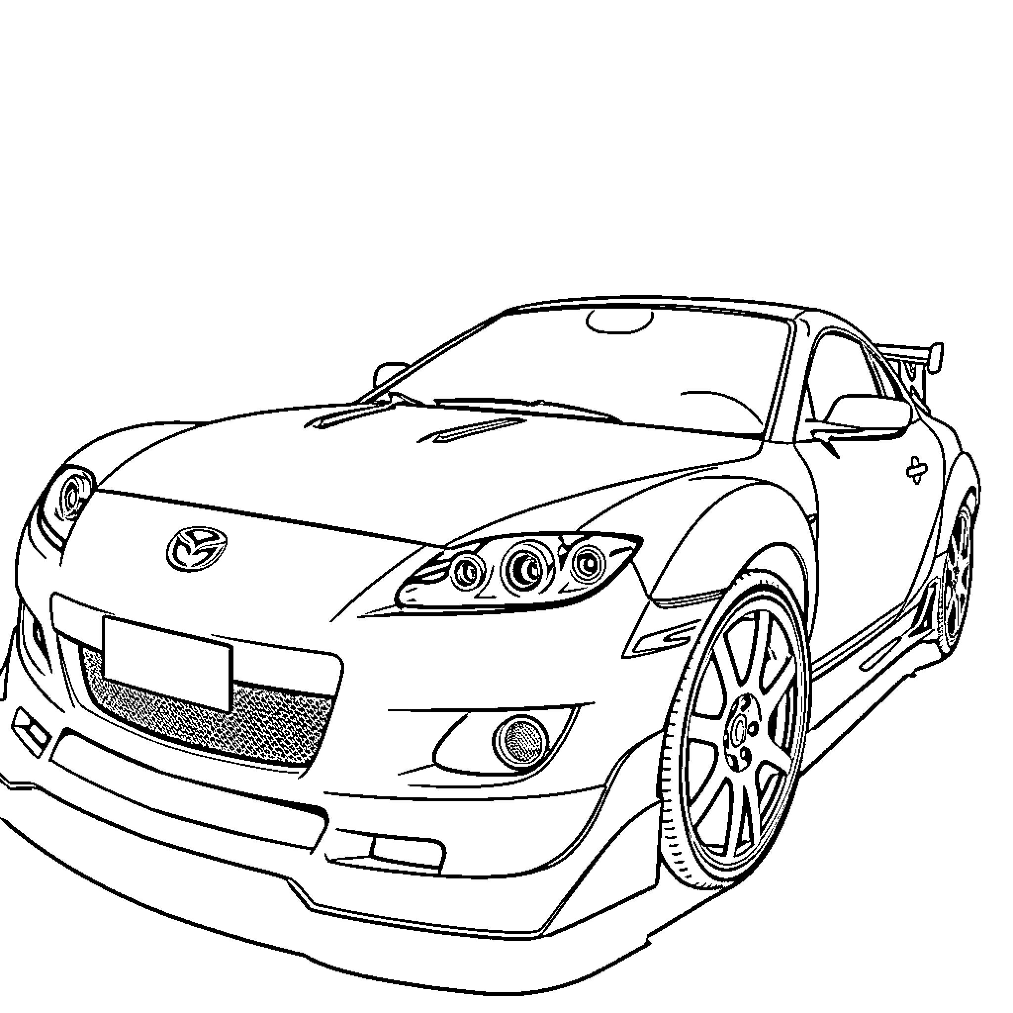 Mazdaspeed sports car in action Coloring Page (free black-and-white line drawing printable PDF for all, from beginners to advanced learners, including children, teens, adults, and seniors)