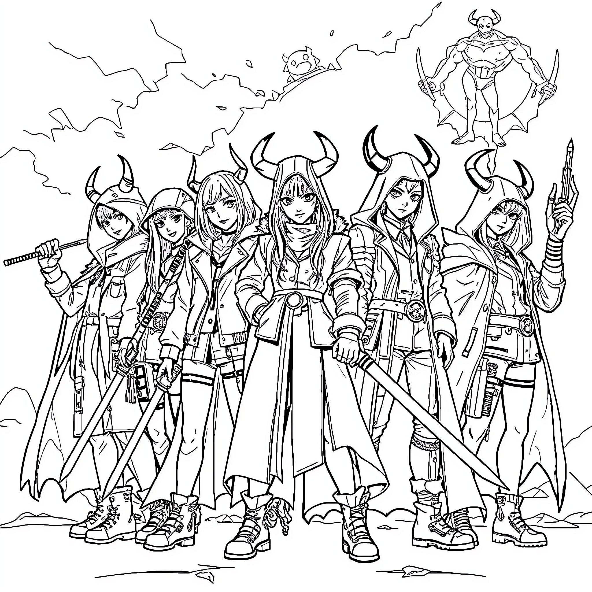 Kpop Demon Hunters: Fierce Warriors Ready for Battle Coloring Page (free black-and-white line drawing printable PDF for all, from beginners to advanced learners, including children, teens, adults, and seniors)