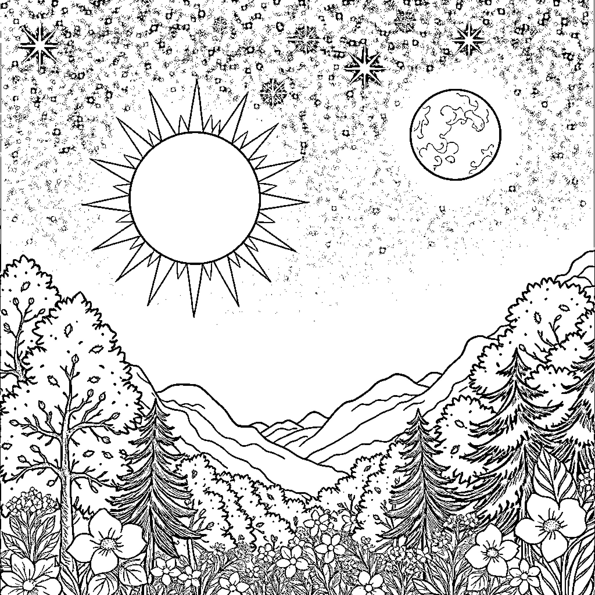 Sun Moon Star Landscape in Black and White Coloring Page (free black-and-white line drawing printable PDF for all, from beginners to advanced learners, including children, teens, adults, and seniors)