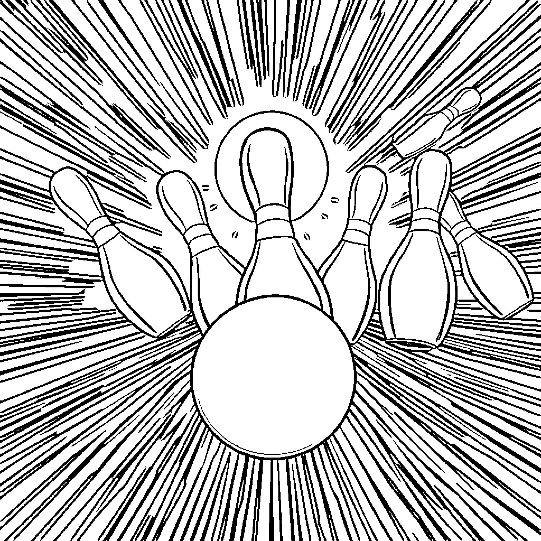 Bowling Pin Collision with Strike Effect Coloring Page (free black-and-white line drawing printable PDF for all, from beginners to advanced learners, including children, teens, adults, and seniors)