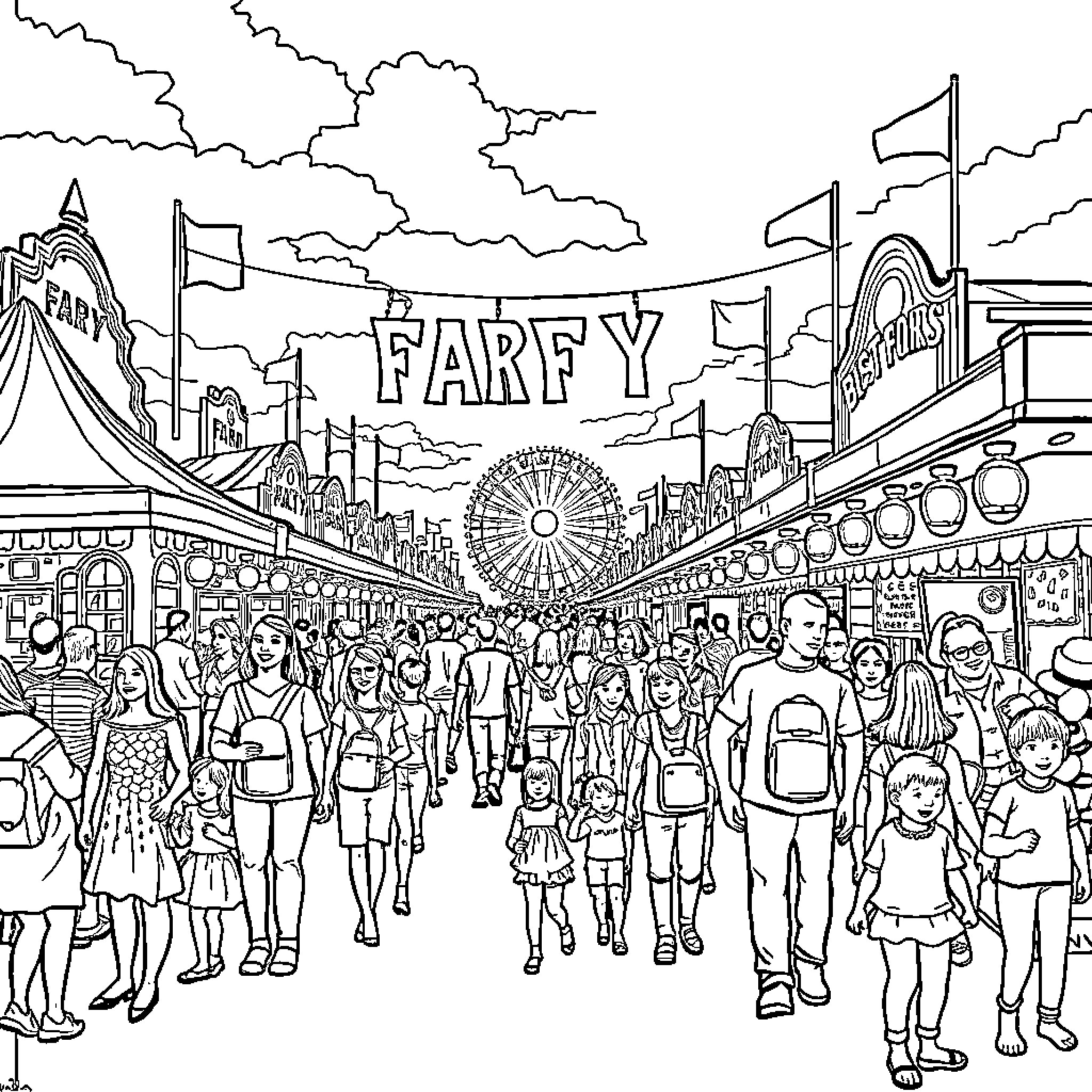 Median Scenes of a Lively Carnival Coloring Page (free black-and-white line drawing printable PDF for all, from beginners to advanced learners, including children, teens, adults, and seniors)