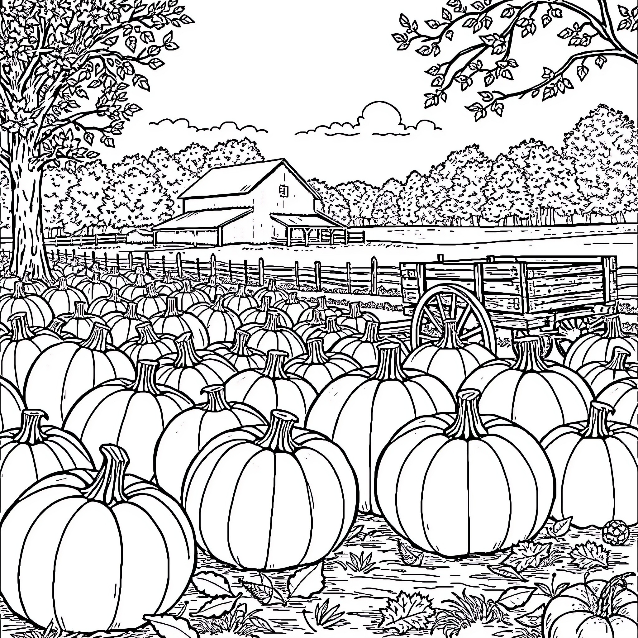 Pumpkin Field and Country Farmhouse Coloring Page (free black-and-white line drawing printable PDF for all, from beginners to advanced learners, including children, teens, adults, and seniors)
