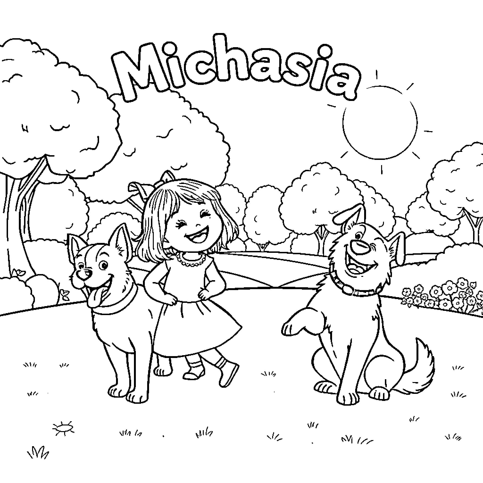 Girl playing happily with pets in the park Coloring Page (free black-and-white line drawing printable PDF for all, from beginners to advanced learners, including children, teens, adults, and seniors)