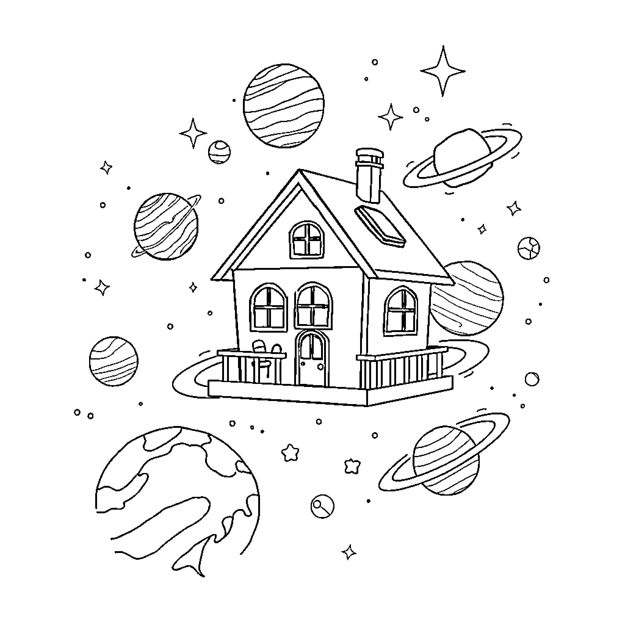 Gabbydollhouse in the cosmic universe Coloring Page (free black-and-white line drawing printable PDF for all, from beginners to advanced learners, including children, teens, adults, and seniors)