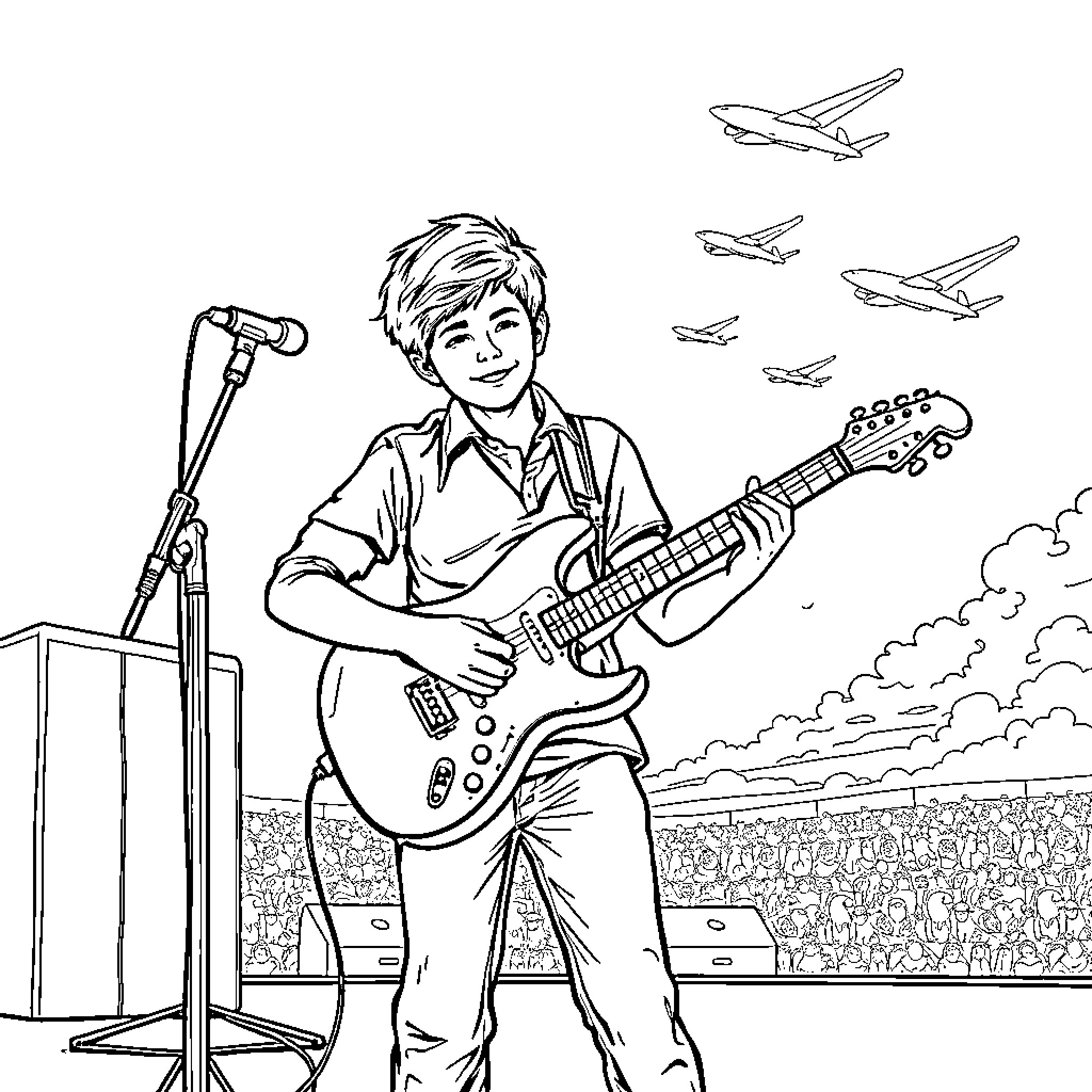 Boy plays guitar on stage with planes in the sky Coloring Page (free black-and-white line drawing printable PDF for all, from beginners to advanced learners, including children, teens, adults, and seniors)