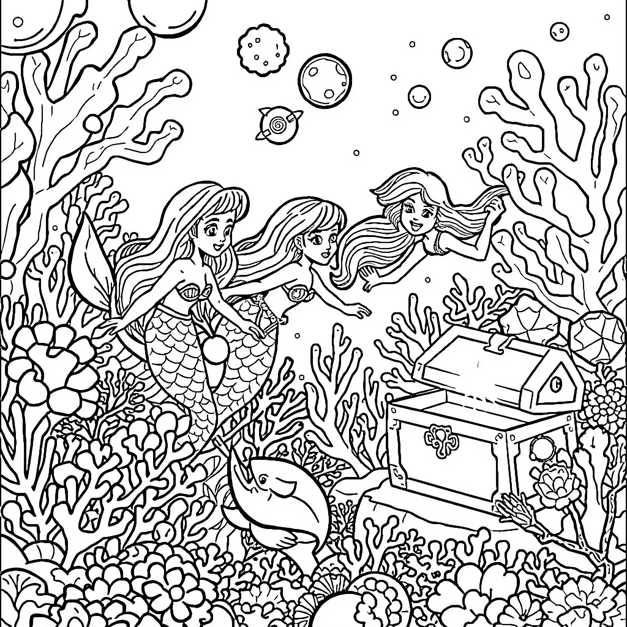 Mermaid sisters exploring underwater world with treasure Coloring Page (free black-and-white line drawing printable PDF for all, from beginners to advanced learners, including children, teens, adults, and seniors)