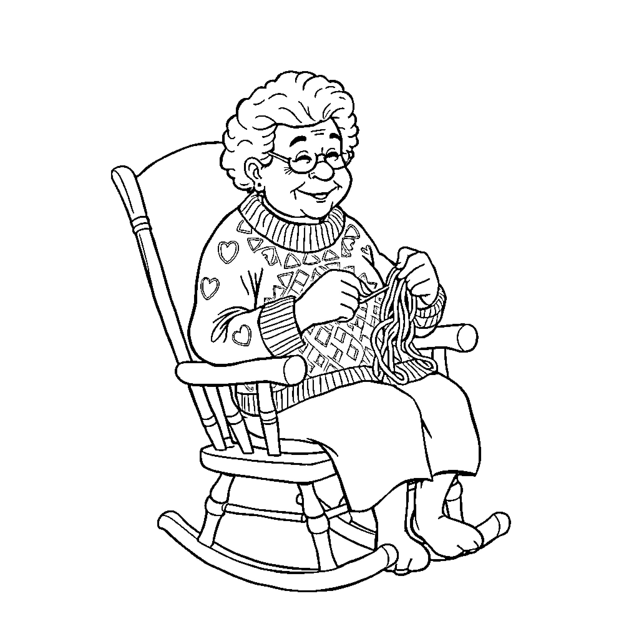 Lapras grandma knitting in rocking chair Coloring Page (free black-and-white line drawing printable PDF for all, from beginners to advanced learners, including children, teens, adults, and seniors)