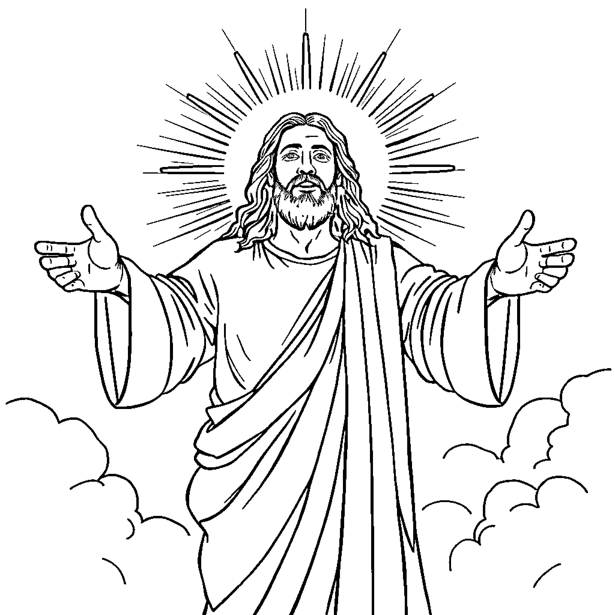 Jesus with outstretched arms in heavenly rays Coloring Page (free black-and-white line drawing printable PDF for all, from beginners to advanced learners, including children, teens, adults, and seniors)