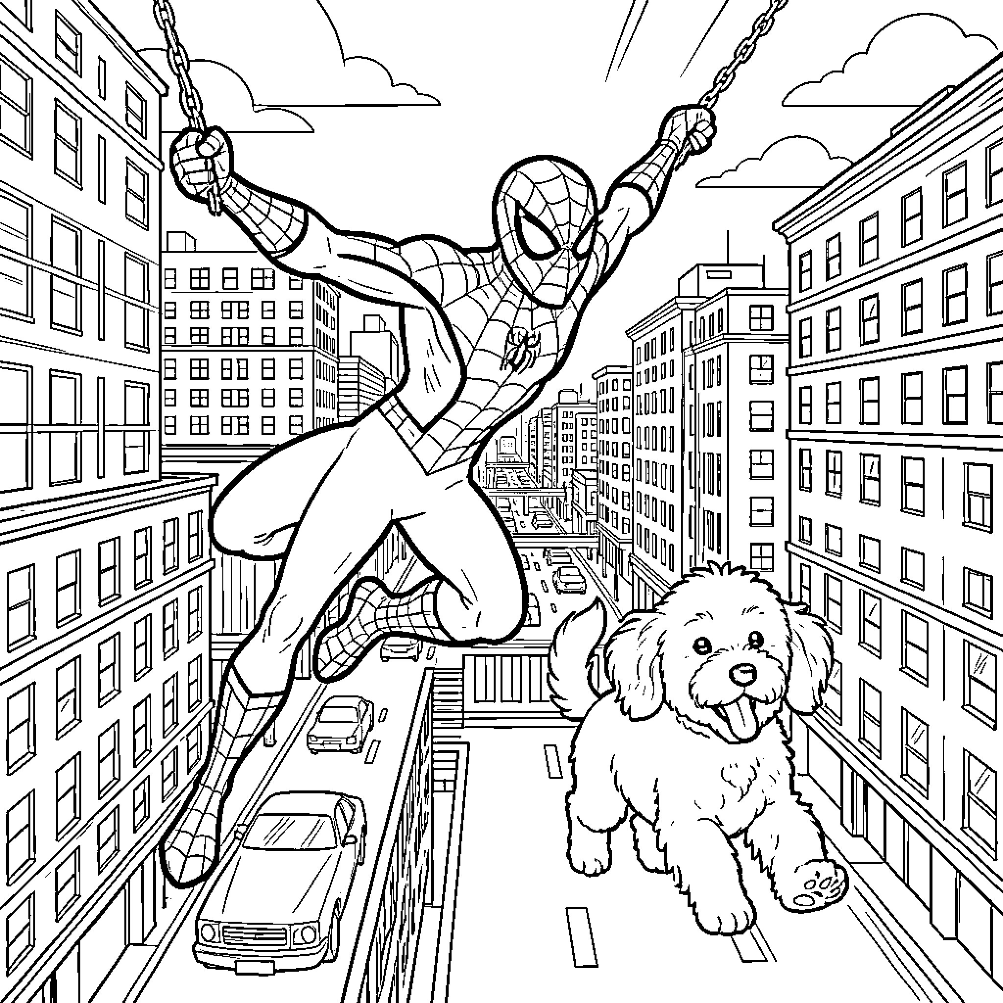 Spiderman swinging over the city with a happy dog Coloring Page (free black-and-white line drawing printable PDF for all, from beginners to advanced learners, including children, teens, adults, and seniors)