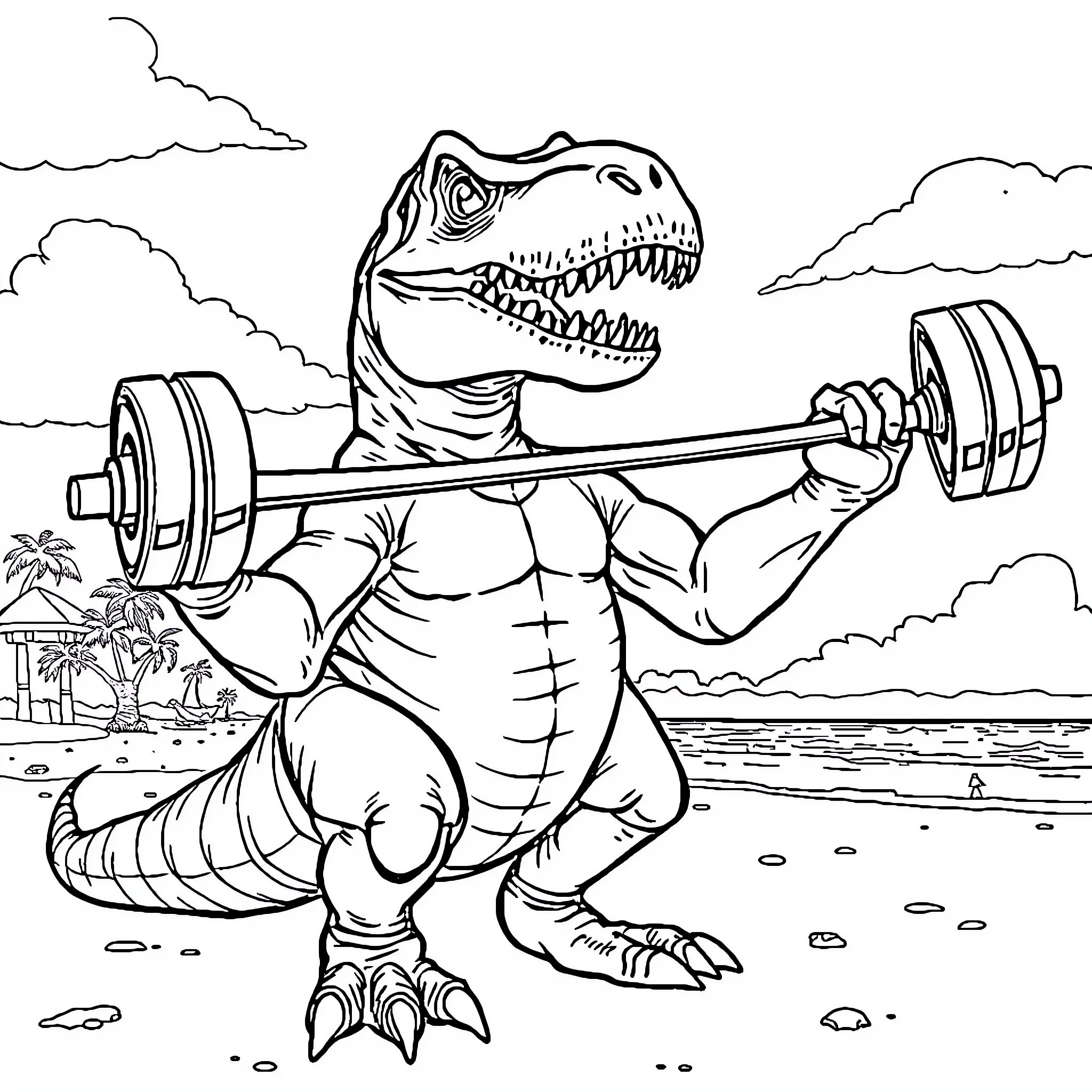 T-Rex Lifting Weights on the Beach Coloring Page (free black-and-white line drawing printable PDF for all, from beginners to advanced learners, including children, teens, adults, and seniors)
