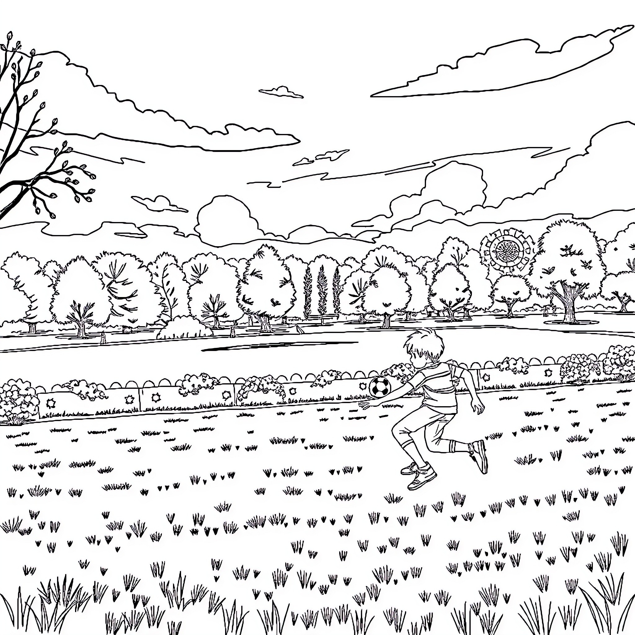 Boy running through tall grass in scenic landscape Coloring Page (free black-and-white line drawing printable PDF for all, from beginners to advanced learners, including children, teens, adults, and seniors)