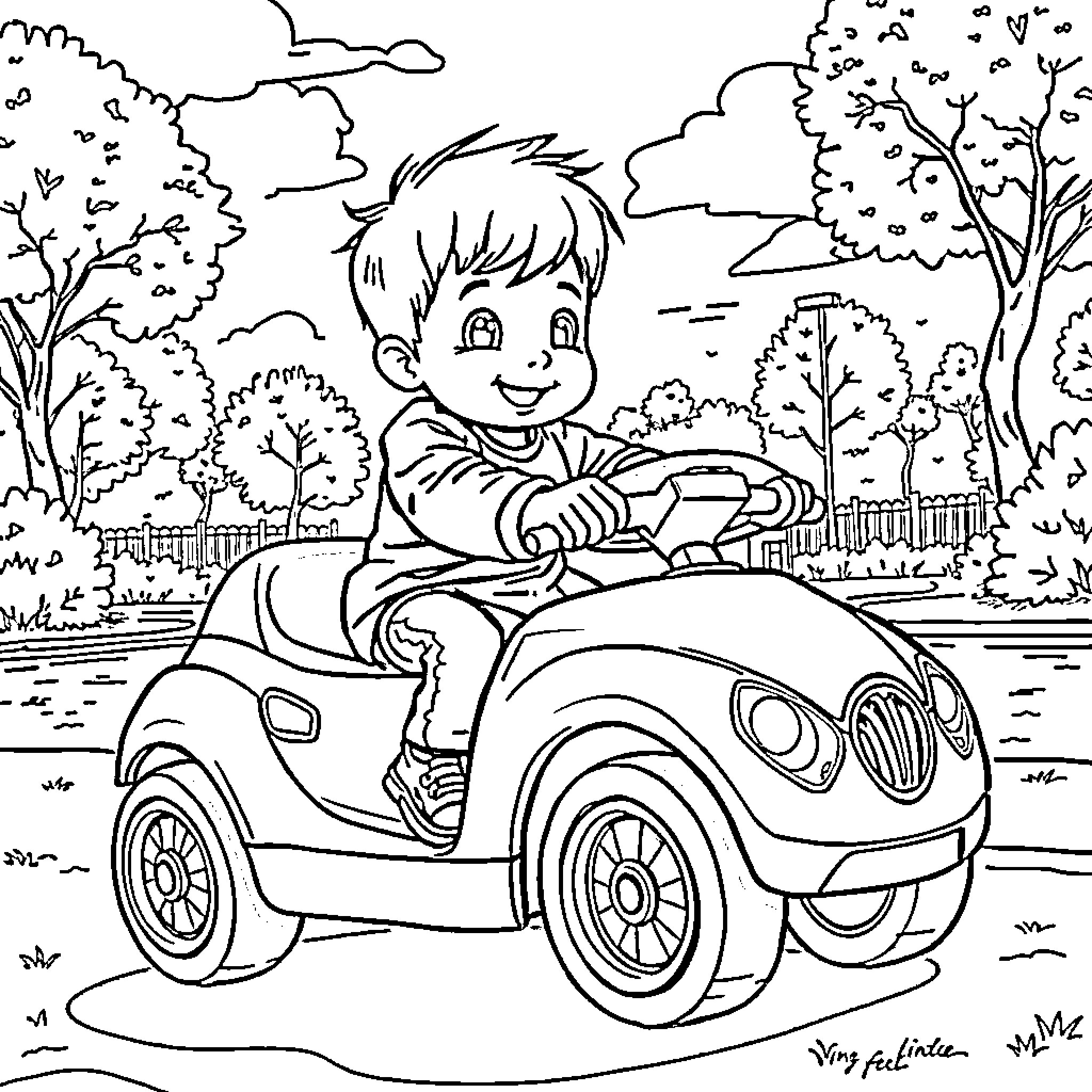 Niño driving a toy car in the park Coloring Page (free black-and-white line drawing printable PDF for all, from beginners to advanced learners, including children, teens, adults, and seniors)