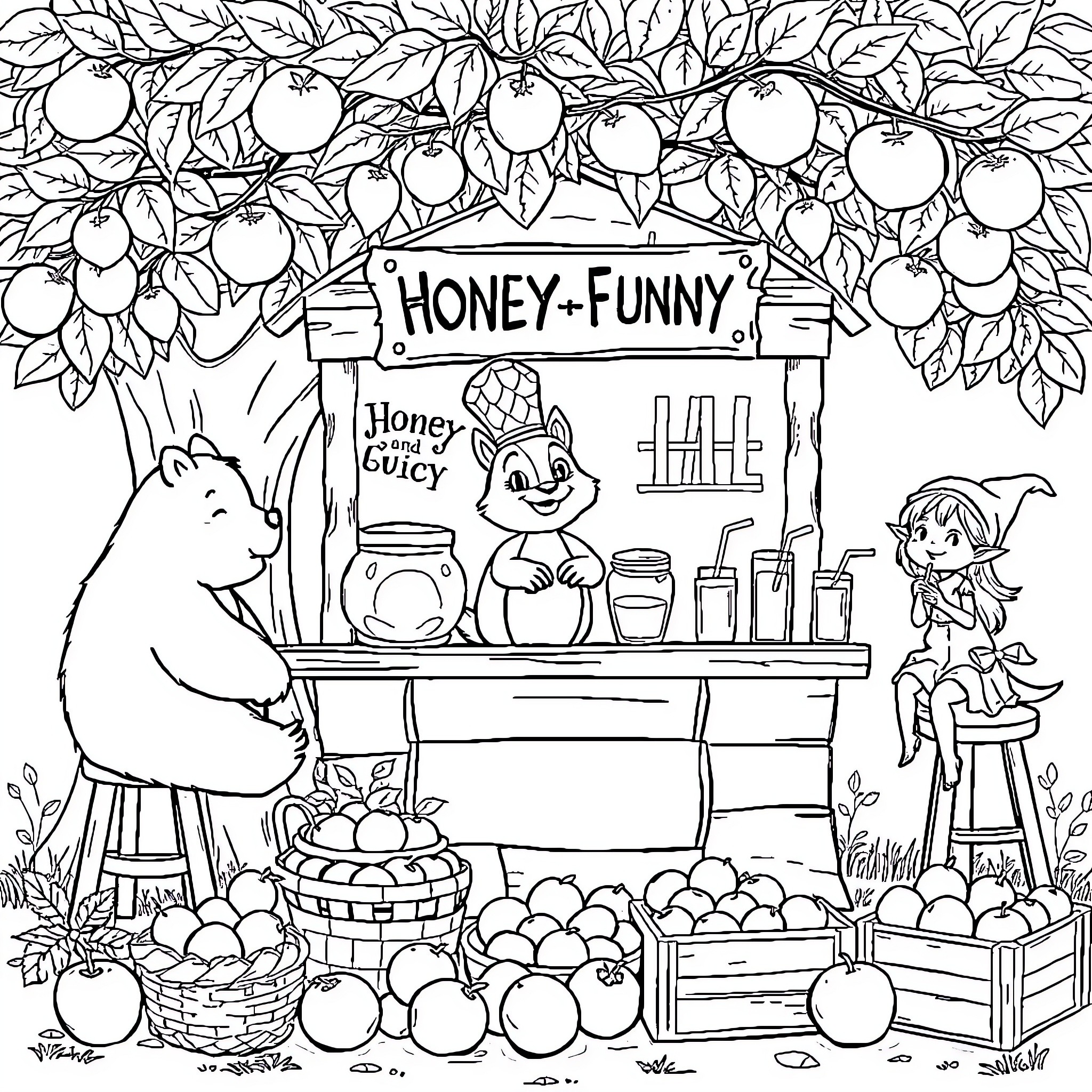 Squirrel selling honey and funny products at a market stall Coloring Page (free black-and-white line drawing printable PDF for all, from beginners to advanced learners, including children, teens, adults, and seniors)