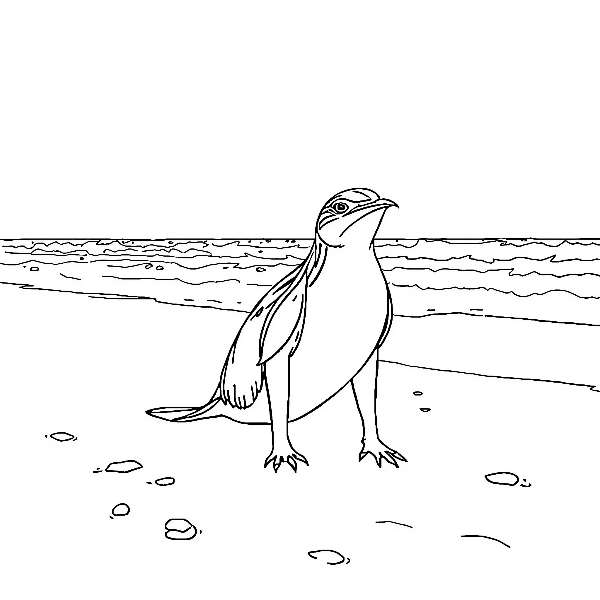Marcus the Penguin Explores the Shoreline Coloring Page (free black-and-white line drawing printable PDF for all, from beginners to advanced learners, including children, teens, adults, and seniors)