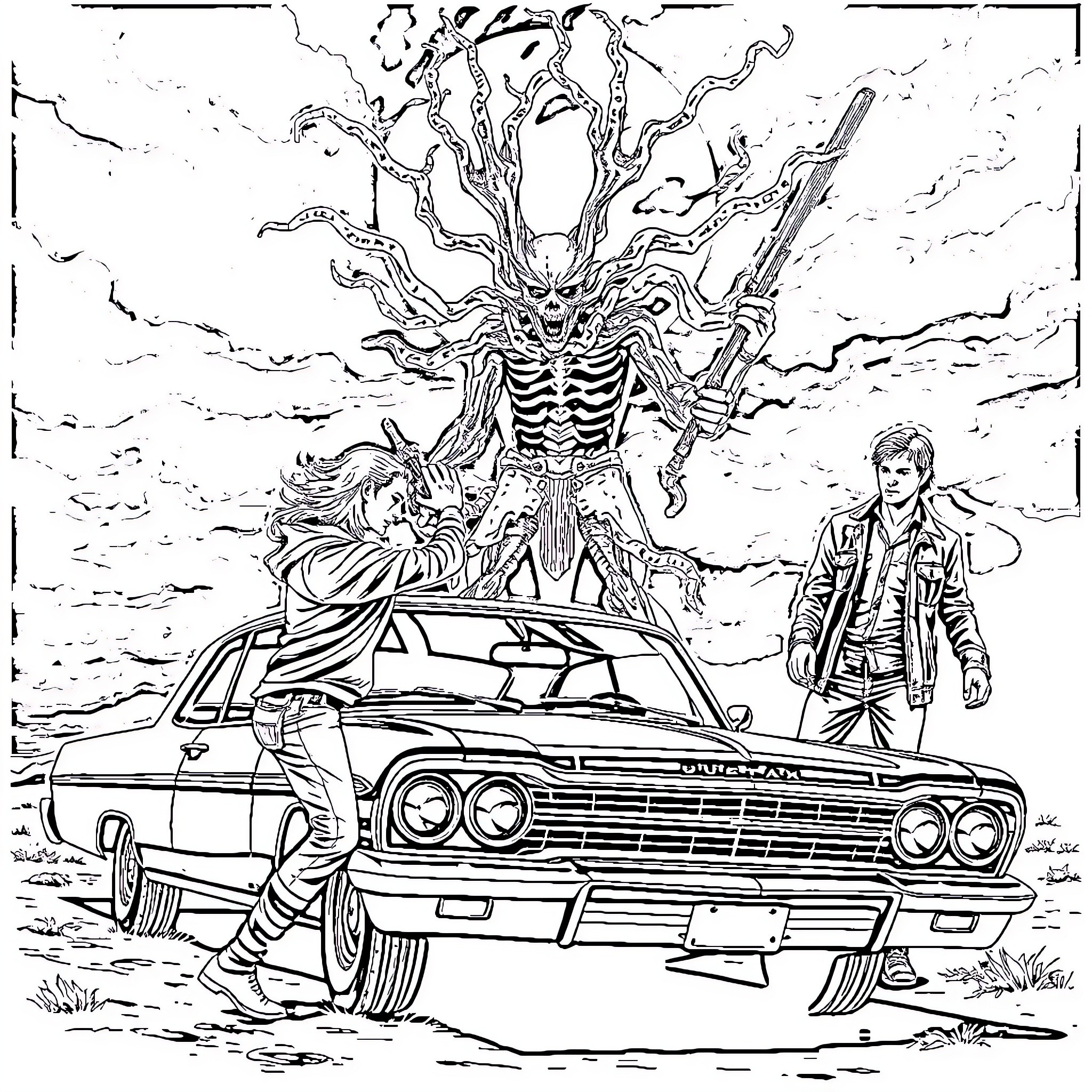 Vecna's Wrath: Skeletal Entity Emerges From Supernatural Chaos Coloring Page (free black-and-white line drawing printable PDF for all, from beginners to advanced learners, including children, teens, adults, and seniors)