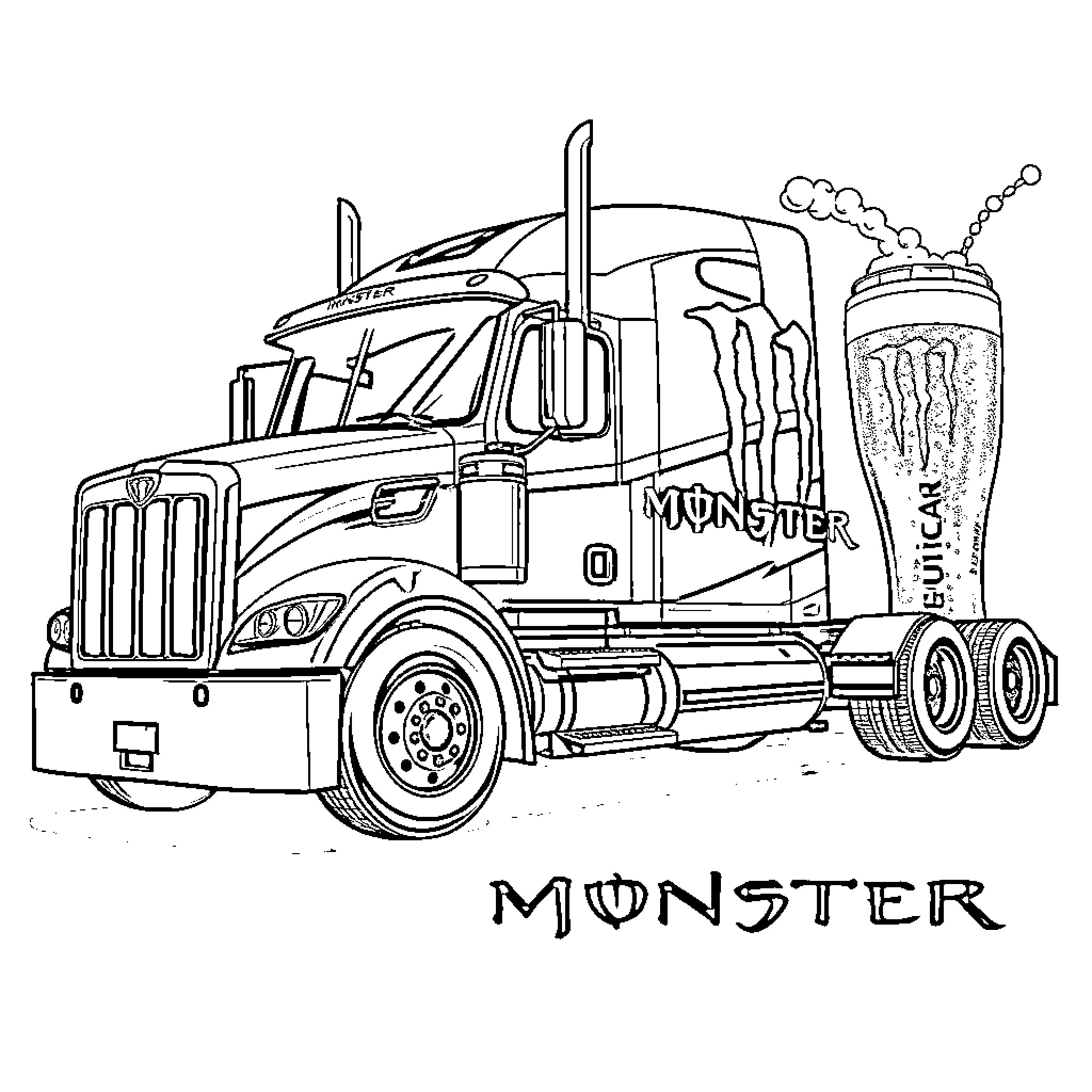 Monster Truck hauling massive beverage canister Coloring Page (free black-and-white line drawing printable PDF for all, from beginners to advanced learners, including children, teens, adults, and seniors)