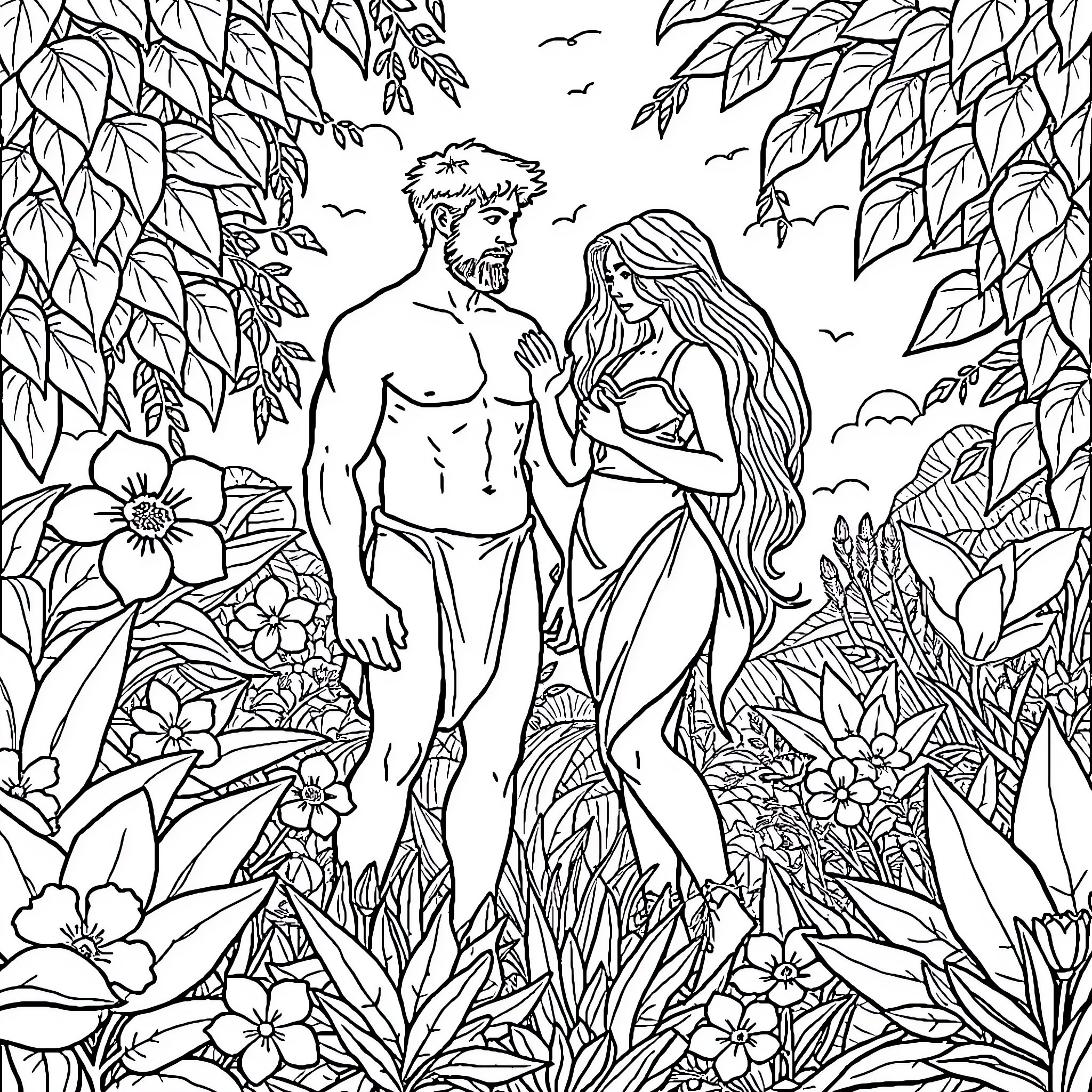 Adam and Eve in the Garden of Eden Coloring Page (free black-and-white line drawing printable PDF for all, from beginners to advanced learners, including children, teens, adults, and seniors)
