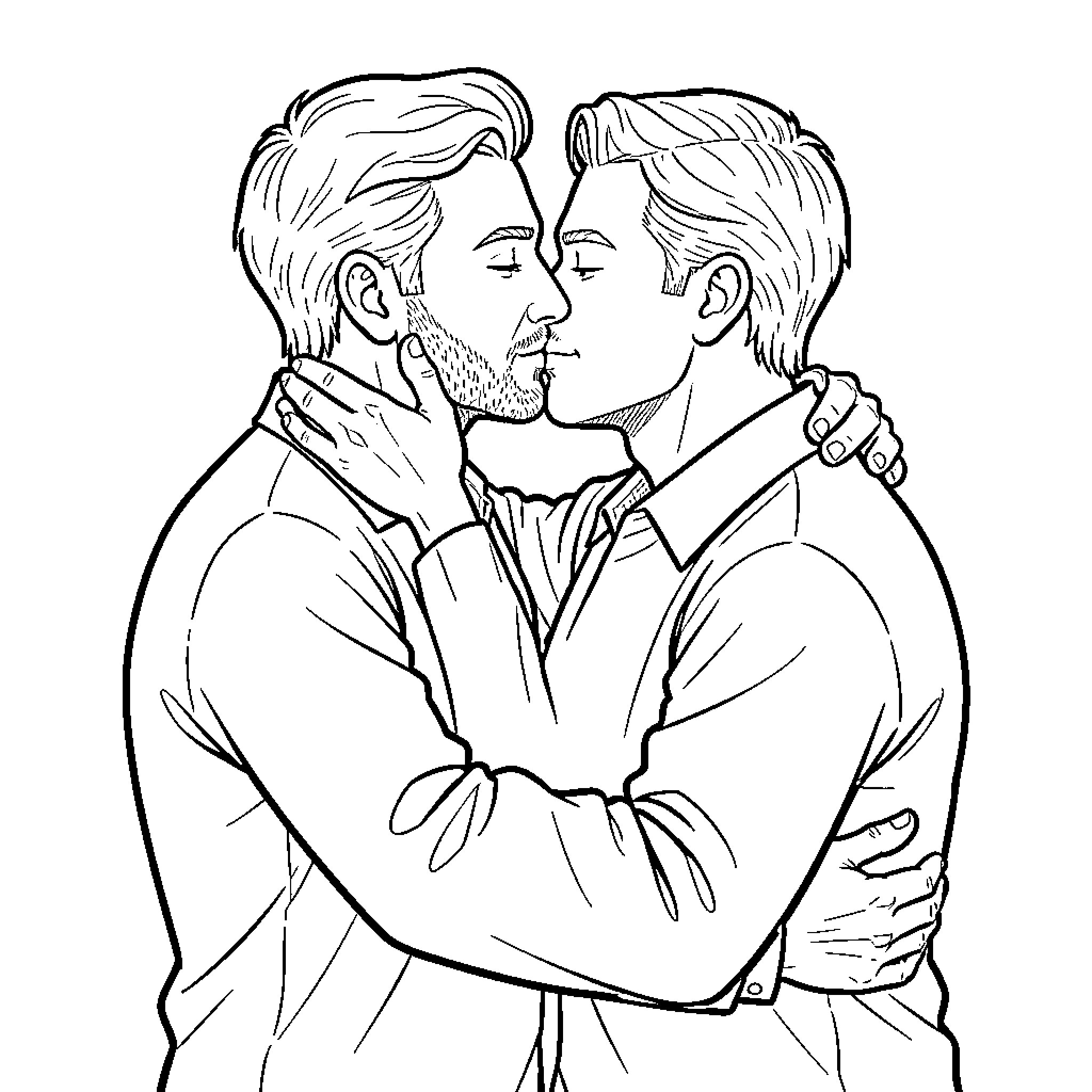 Gay couple embracing and kissing affectionately Coloring Page (free black-and-white line drawing printable PDF for all, from beginners to advanced learners, including children, teens, adults, and seniors)