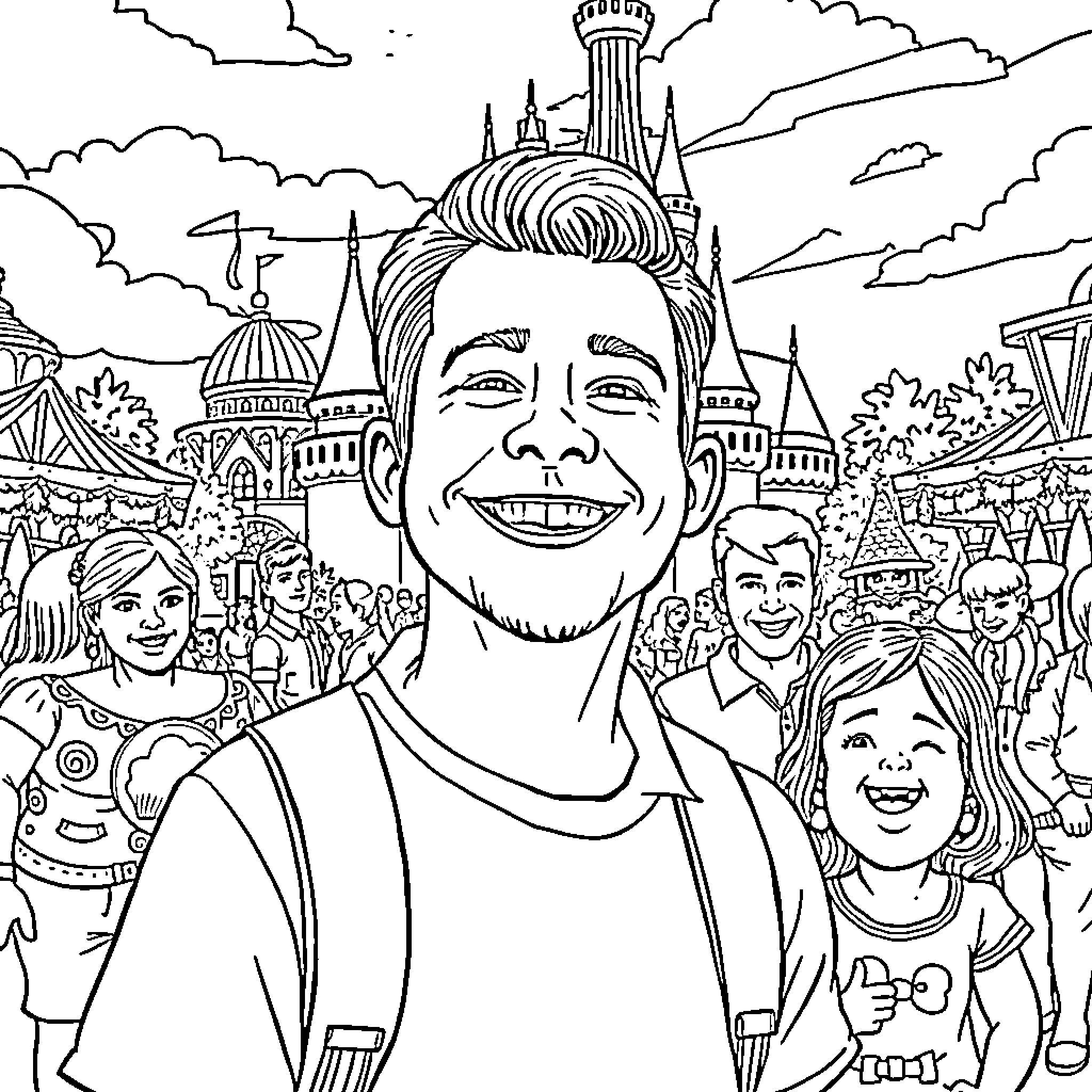 Charlie Kirk at a crowded carnival or festival Coloring Page (free black-and-white line drawing printable PDF for all, from beginners to advanced learners, including children, teens, adults, and seniors)