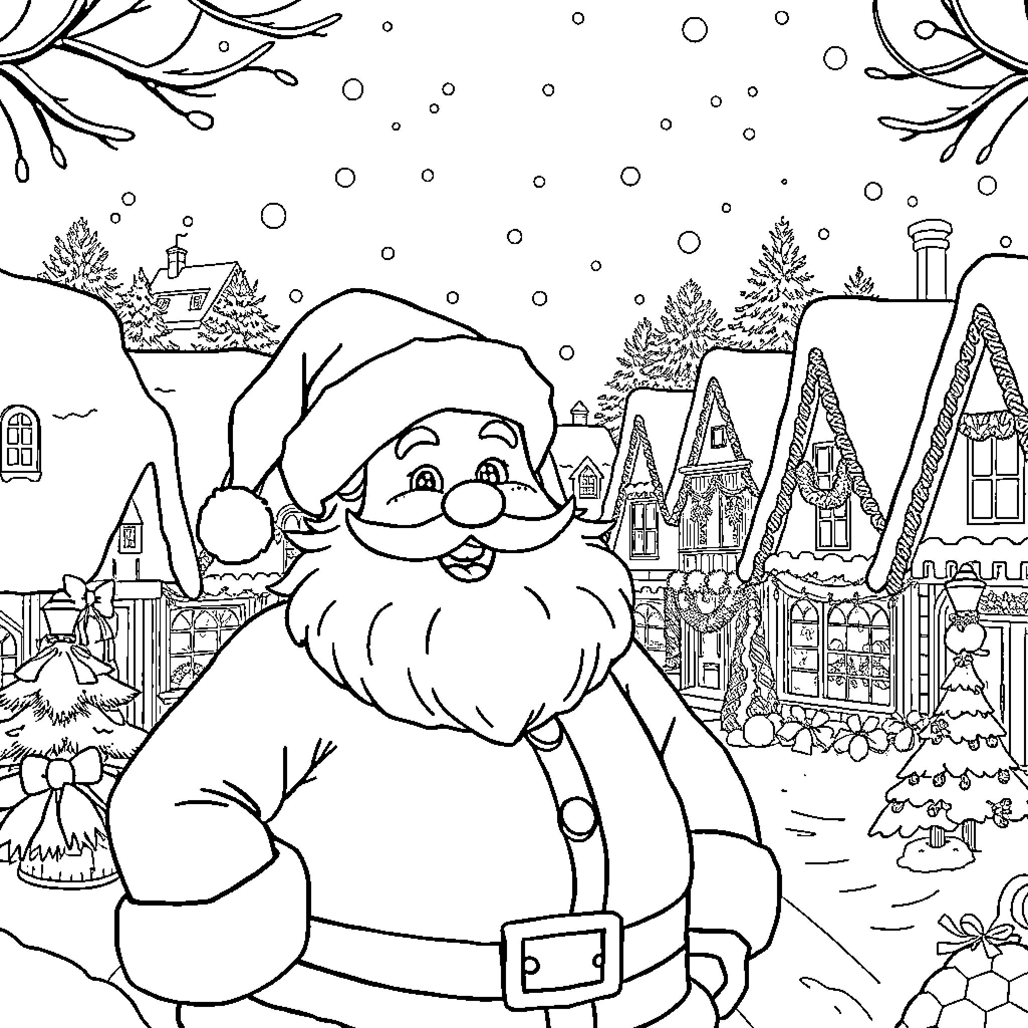 Santa Claus enjoying a snowy winter village scene Coloring Page (free black-and-white line drawing printable PDF for all, from beginners to advanced learners, including children, teens, adults, and seniors)