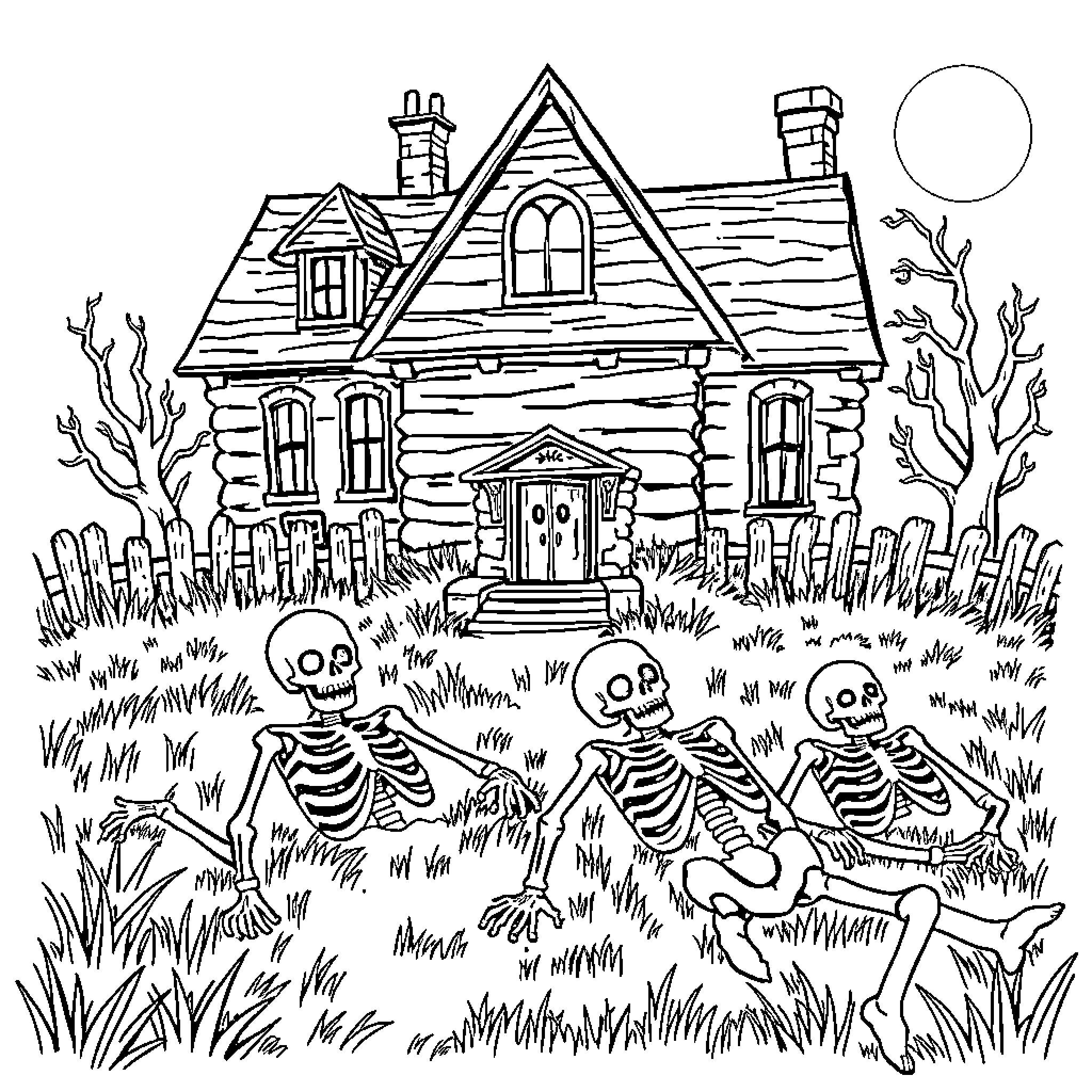 Skeleton Skeletons Dancing in Haunted Cottage Coloring Page (free black-and-white line drawing printable PDF for all, from beginners to advanced learners, including children, teens, adults, and seniors)
