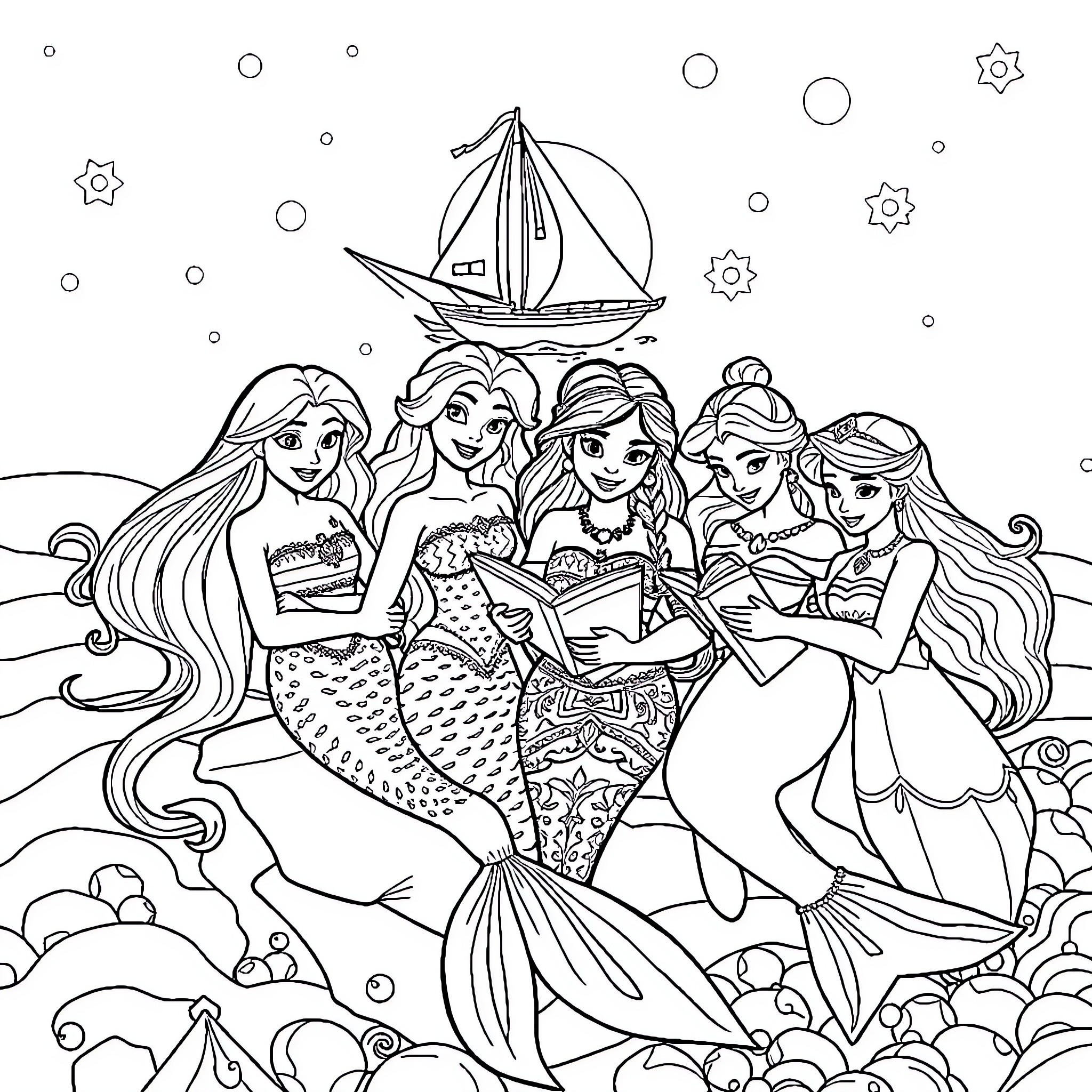 Princess Mermaids Gathered by the Sailboat Coloring Page (free black-and-white line drawing printable PDF for all, from beginners to advanced learners, including children, teens, adults, and seniors)