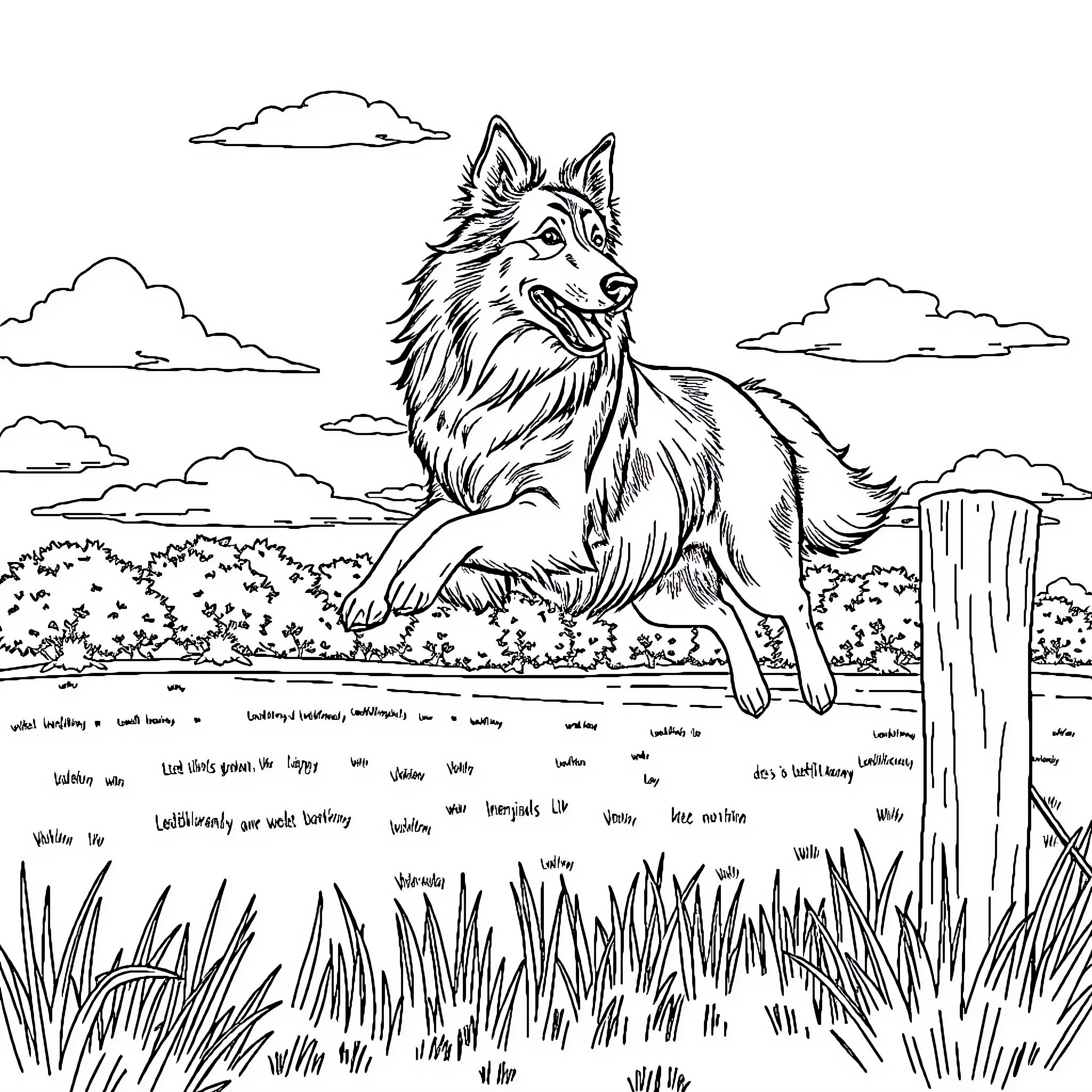 Rough Collie resting in a grassy field Coloring Page (free black-and-white line drawing printable PDF for all, from beginners to advanced learners, including children, teens, adults, and seniors)